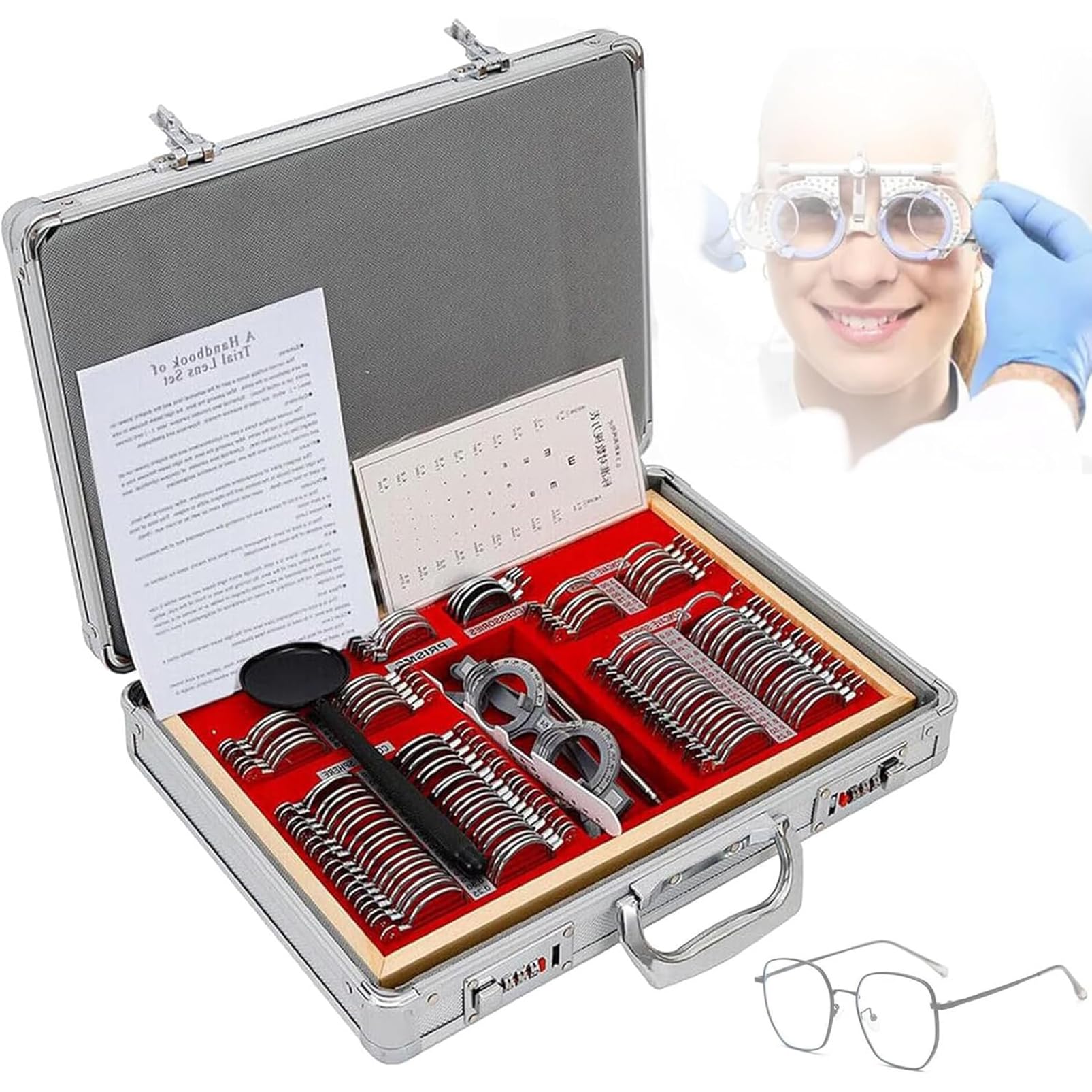 Set di Lenti di Prova Ottiche da 104 Pezzi, Telaio di Prova per Test Optometrico con Custodia in Alluminio, Attrezzatura per Lenti di Prova Accessori per La Protezione degli Occhi