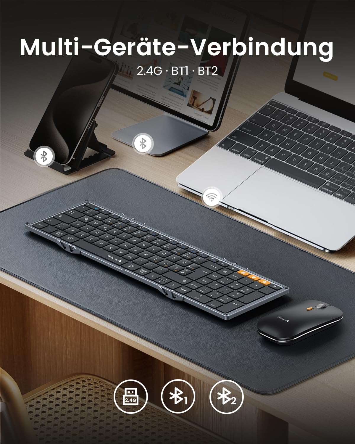 ProtoArc XKM01 - Set tastiera e mouse pieghevole, QWERTZ, 2,4 G + Dual Bluetooth | Full Size 105 Tasti con Blocco Numerico Ricaricabile con Custodia Rigida e Supporto per iPad/Tablet/Laptop/iPhone
