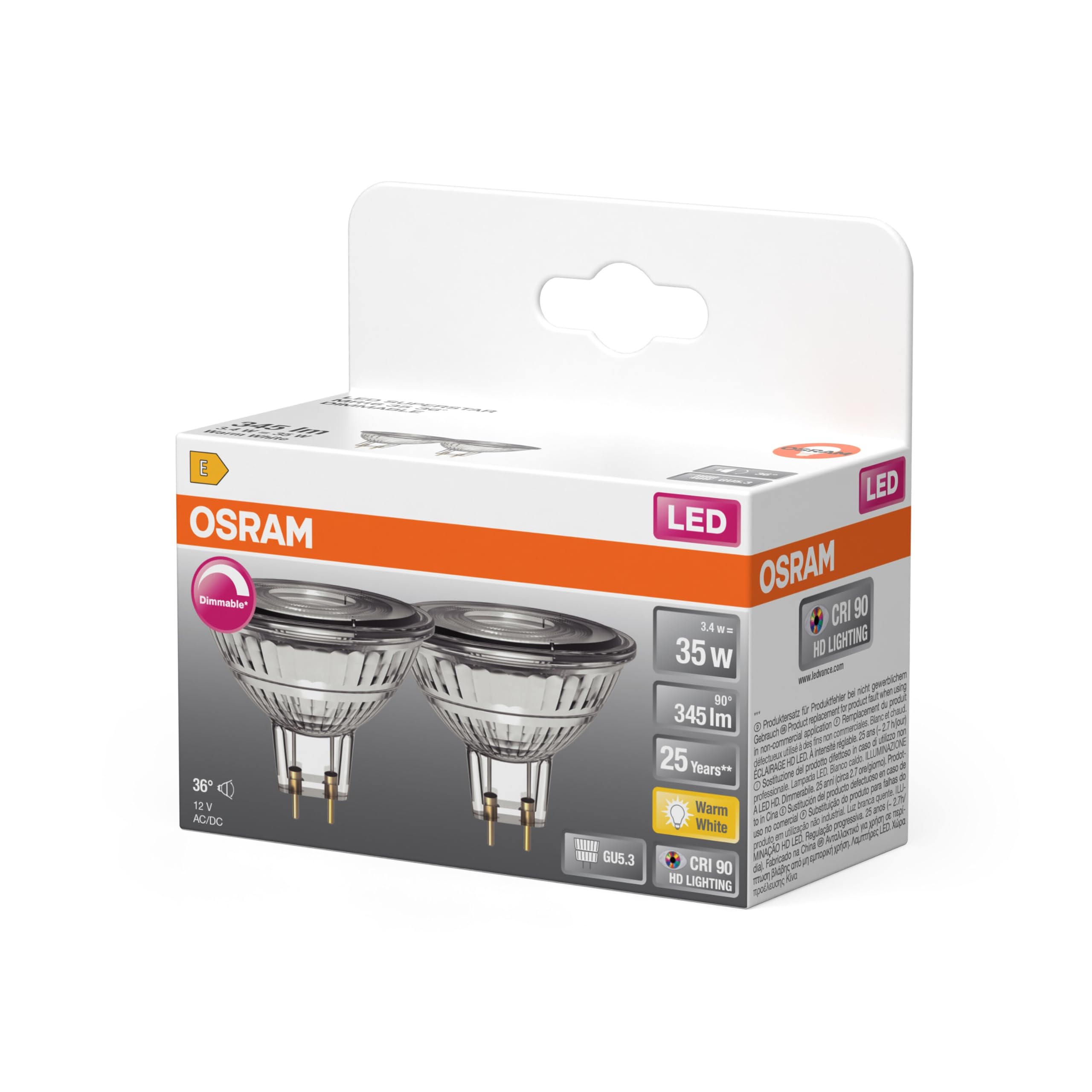 OSRAM Foco LED Superstar MR16 Reflector Retro DIM 3,4 W transparente | LED Superstar MR16 35 36° DIM, LED Lamps, Claro, 50 mm dia, 25000 h, Paquete de 3