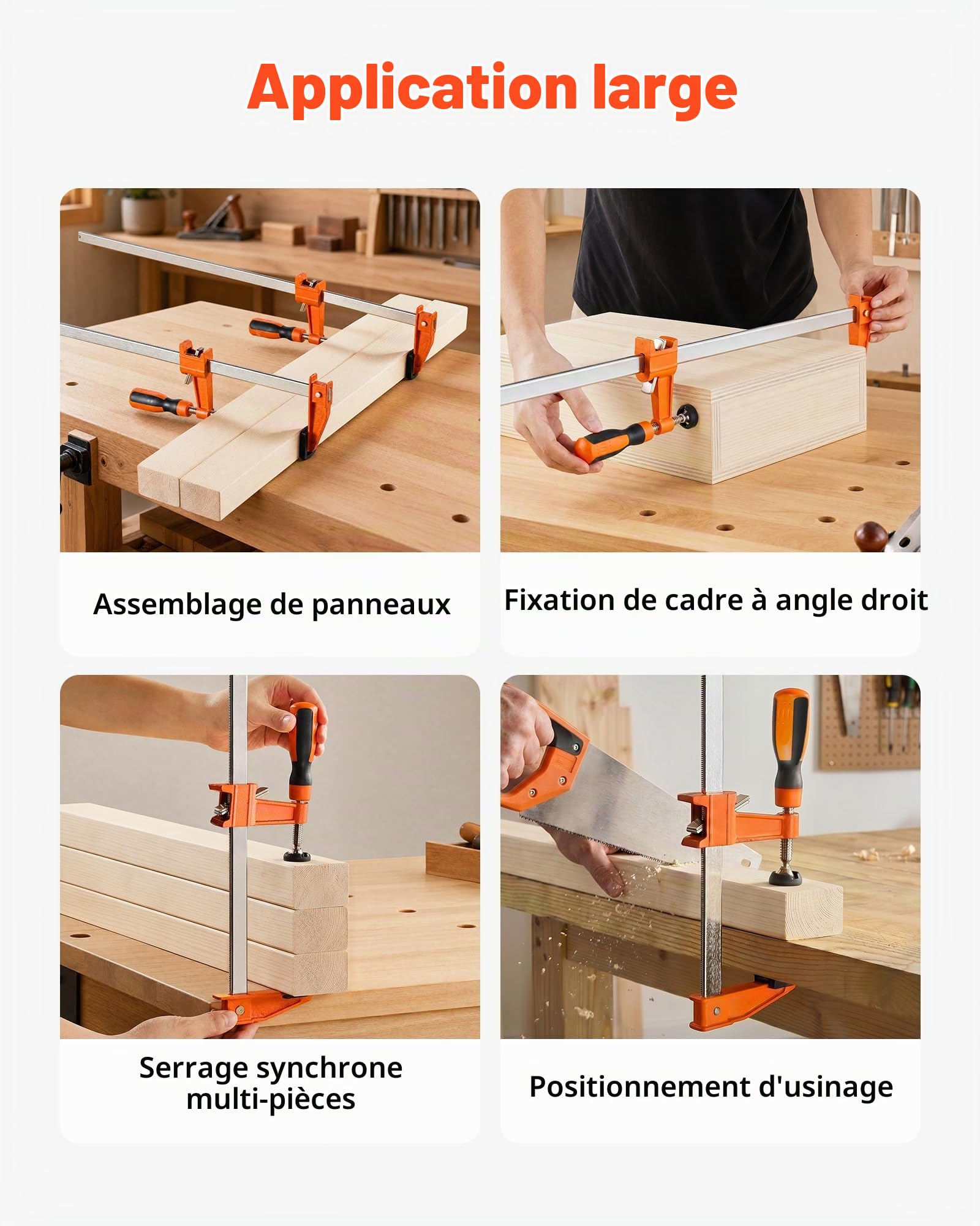 VEVOR Serre-joints à Barre 8 PCS Pince en F Ouverture 91,4 cm Force 272 kg, Système Autobloquant, Patins Plastiques, Poignée Ergonomique, Fonte de Qualité et Acier au Carbone, Travaux du Bois et Métal