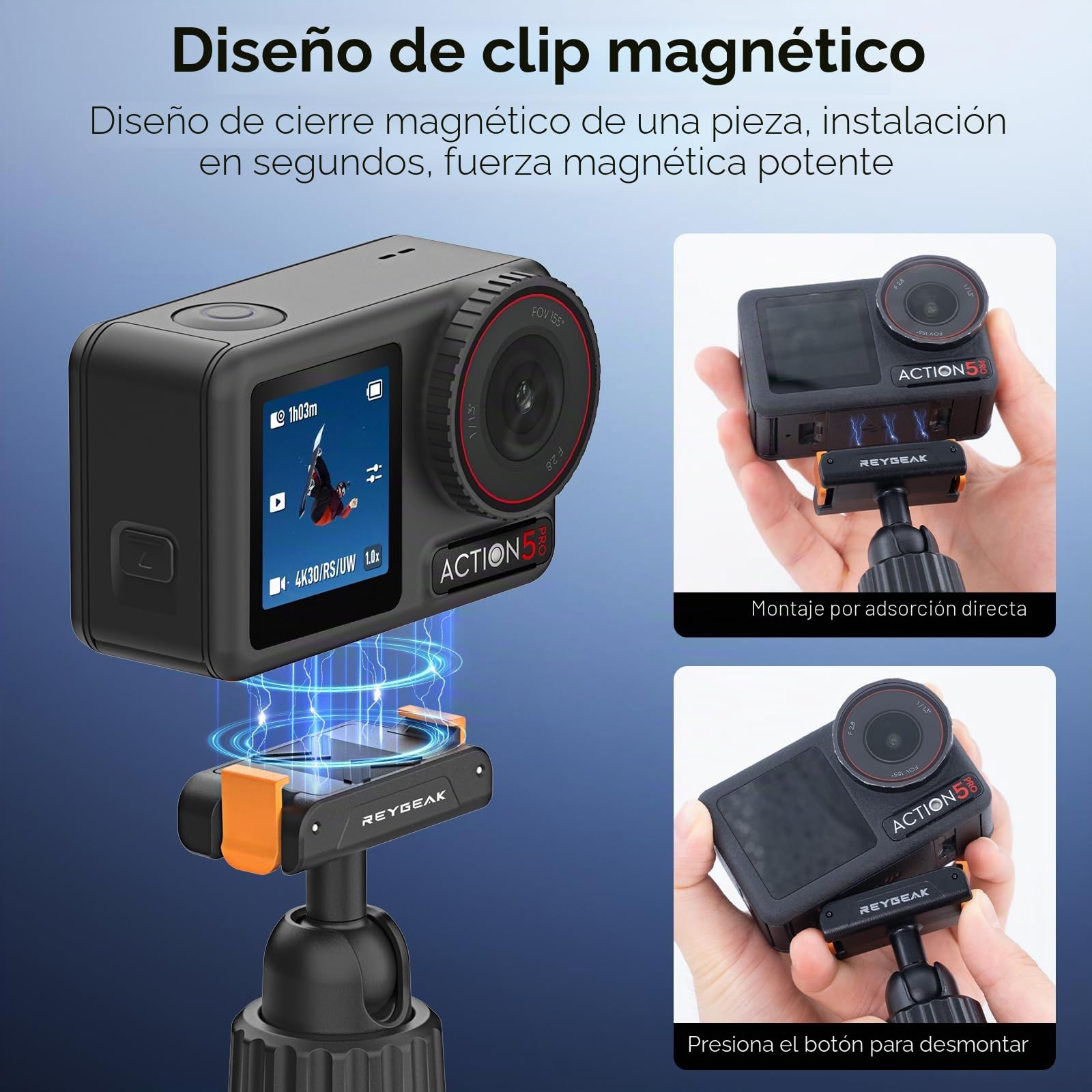 REYGEAK Ojo magnético Todo en uno, Palo Selfie Desmontable rápido, Varilla de extensión Osmo Action Mini Compatible con Osmo Action 3, Osmo Action 4, Osmo Action 5 Pro