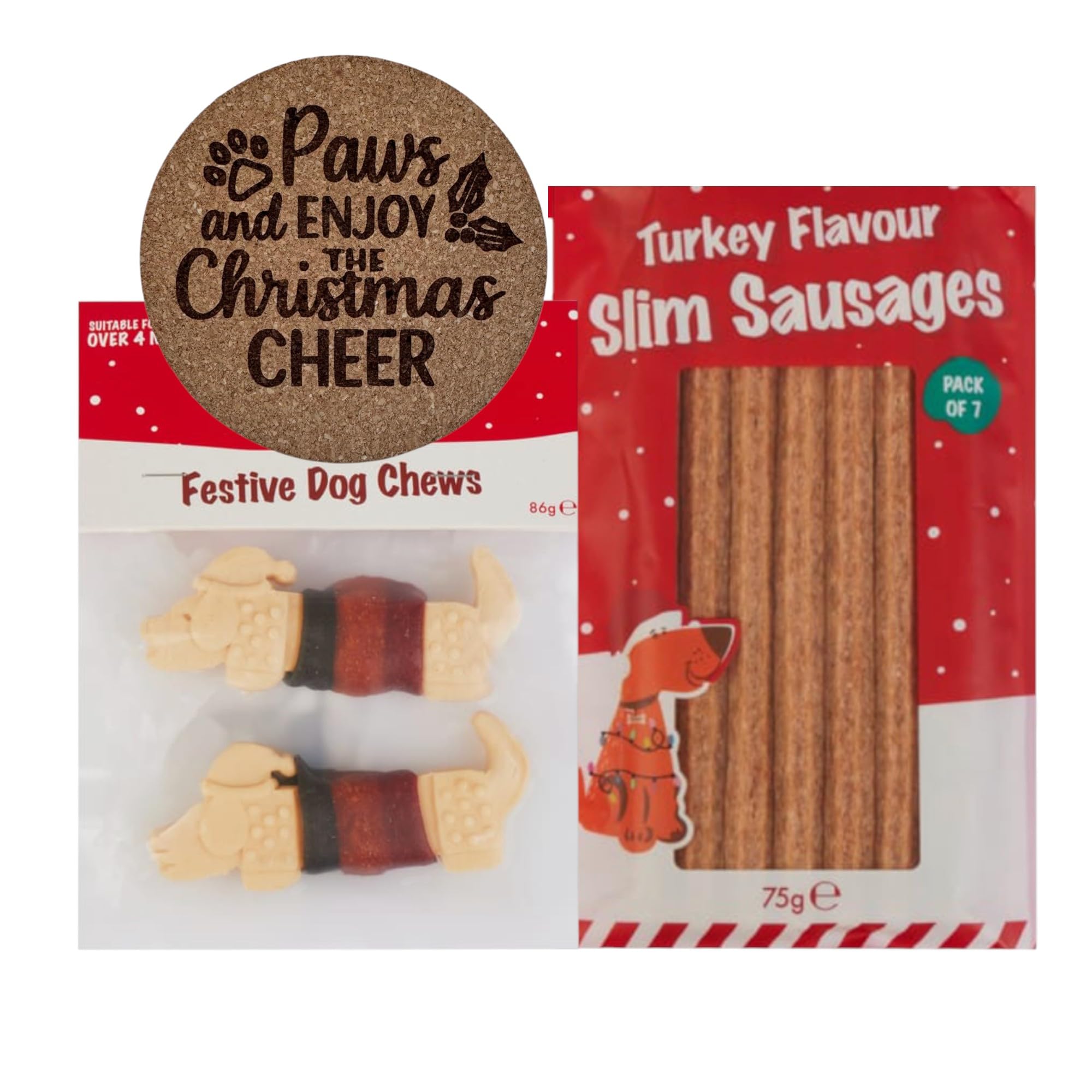 AETN Creations Christmas Pet Stocking Filler for Dogs with Turkey Slim Sausages 75g, Festive Chews 86g and Holiday Coaster | Mini Festive Gift Bundle