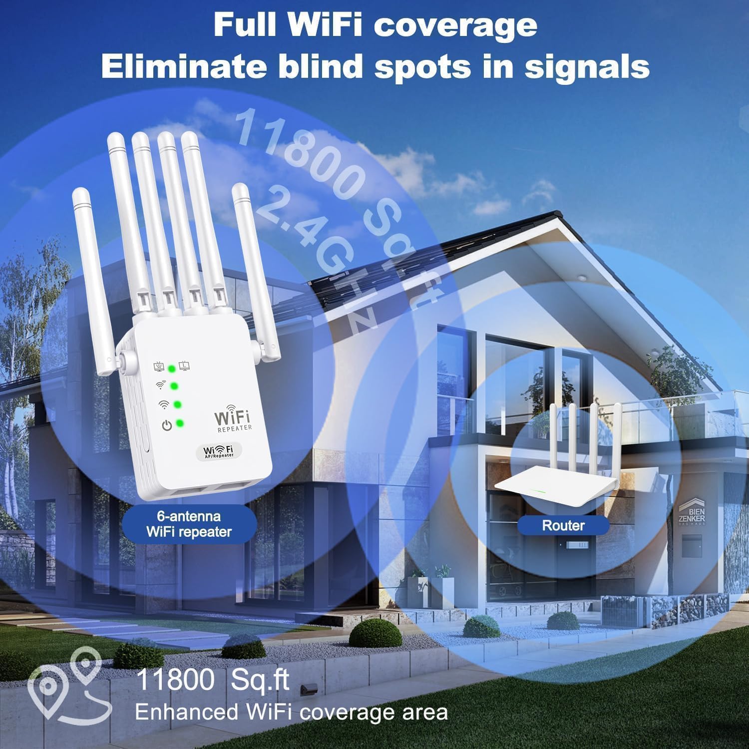 Répéteur WiFi Puissant, Amplificateur WiFi,Repeteur WiFi avec 6 Antennes Couvrant Une superficie de 10,000 m²,2 Ports LAN,pour la Maison et Le Bureau(Blanc)