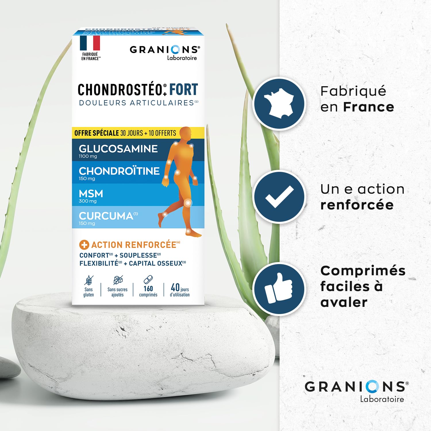 GRANIONS| Chondrostéo+ FORT Articulations | Formule Renforcée| Mobilité & Souplesse Articulaire, Flexibilité, Capital Osseux | Glucosamine, Chondroïtine, MSM, Harpagophytum | 160 comprimés