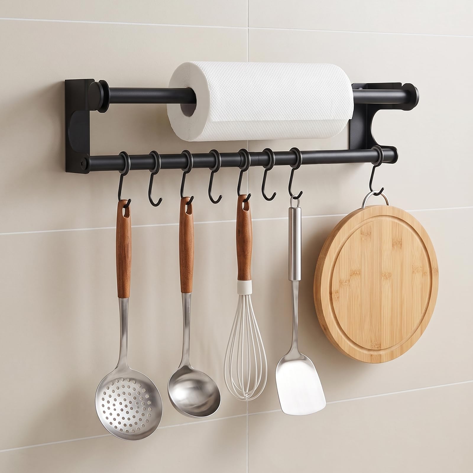 Colgador Utensilios Cocina 40 cm con 8 Ganchos, Barra Cocina Negro