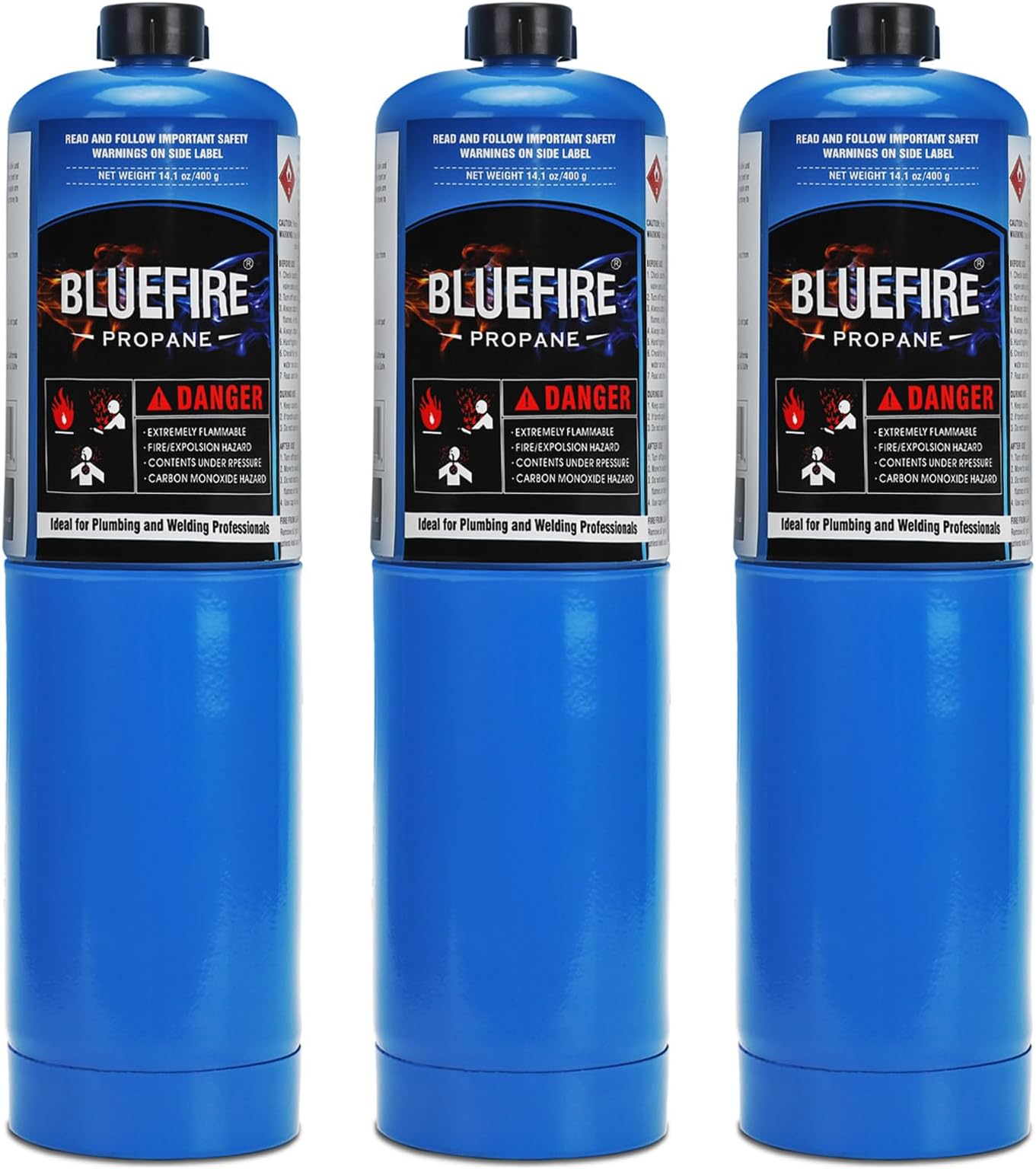 BLUEFIRE Standard Propane Gas Cylinder Canister Welding Brazing Soldering Fuel Gas for HVAC Plumbing Cooking Grilling and Propane Tank for Propane Torch Head Weed Torches(3 packs)