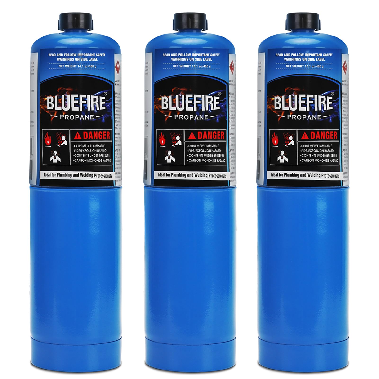 BLUEFIRE Standard Propane Gas Cylinder Canister Welding Brazing Soldering Fuel Gas for HVAC Plumbing Cooking Grilling and Propane Tank for Propane Torch Head Weed Torches(3 packs)