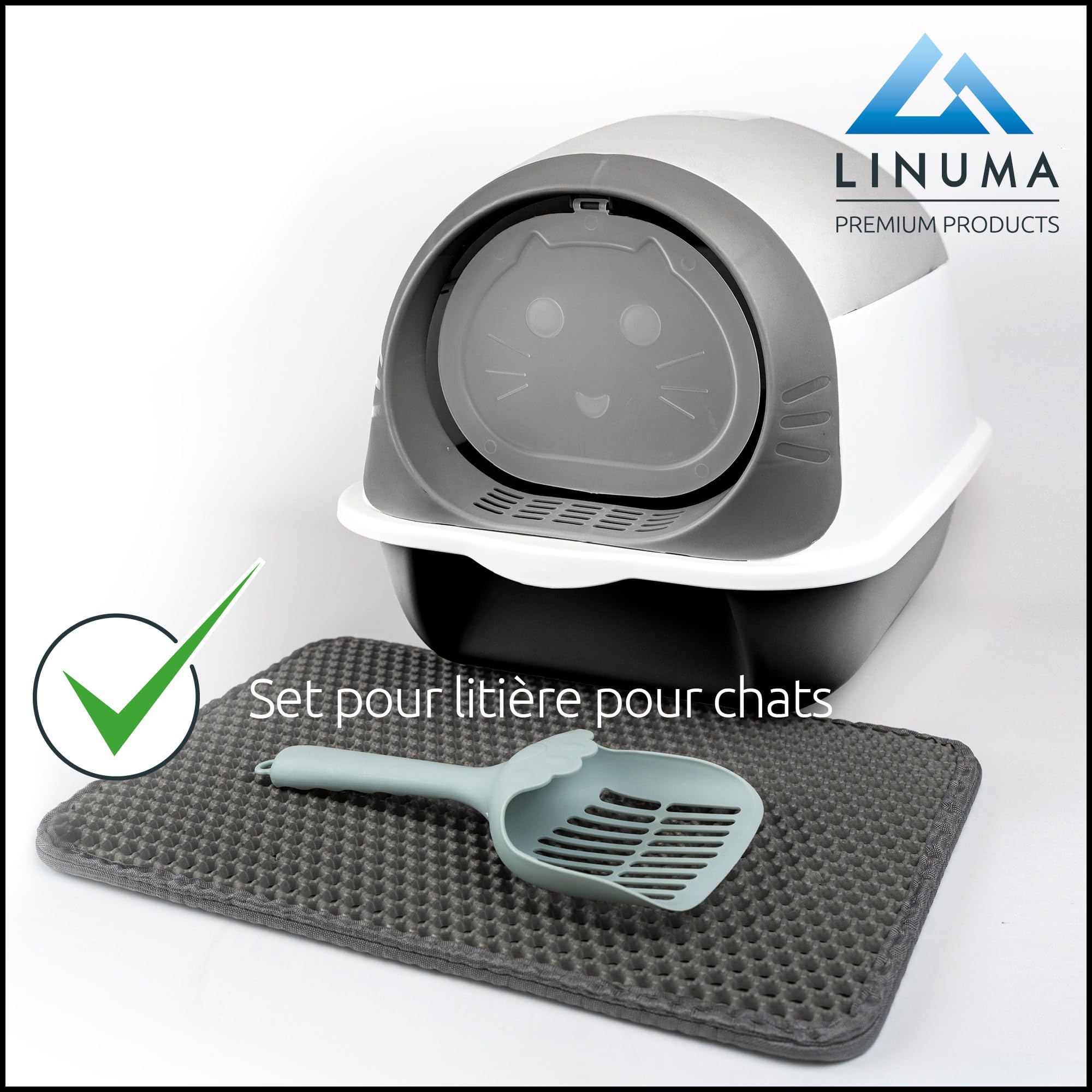 Bac à litière Gris avec Couvercle – avec Tapis & Pelle – Toilette hygiénique fermée pour Chat – Anti-Odeur & Facile à Nettoyer
