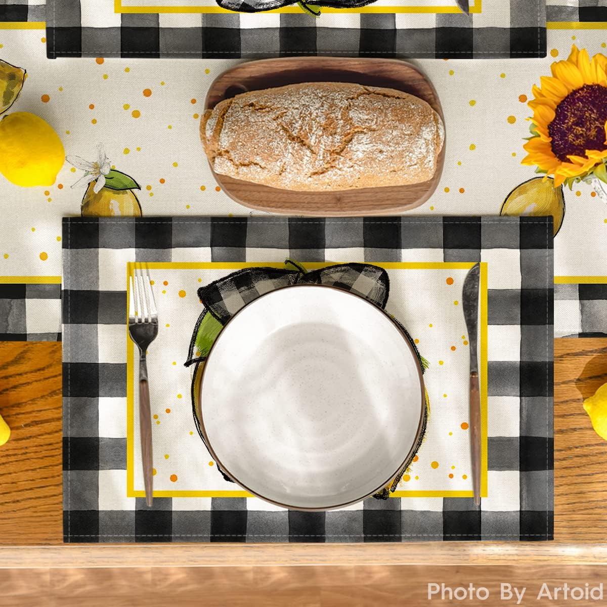 Artoid Mode Buffalo Plaid Lemon Placemats for Dining Table, 12 x 18 Inch Summer Seasonal Decoration Rustic Washable Table Mats Set of 4
