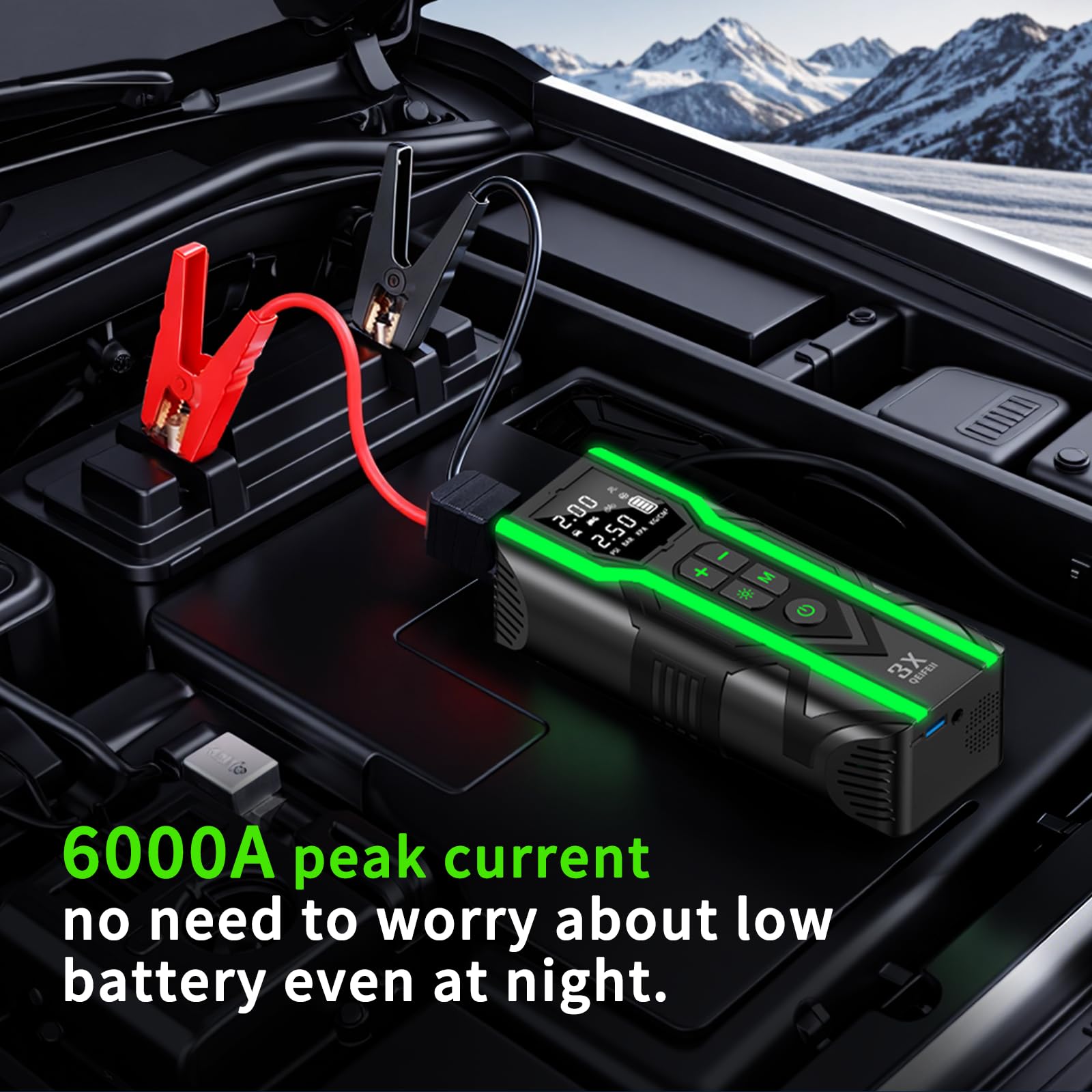 avviatore batteria auto con compressore, 6000A Moto con Compressore Aria Portatile 160PSI, 12V Avviatore Batteria Jump Starter Con Cavi di Avviamento Intelligenti, Schermo LCD, Luce di Emergenza