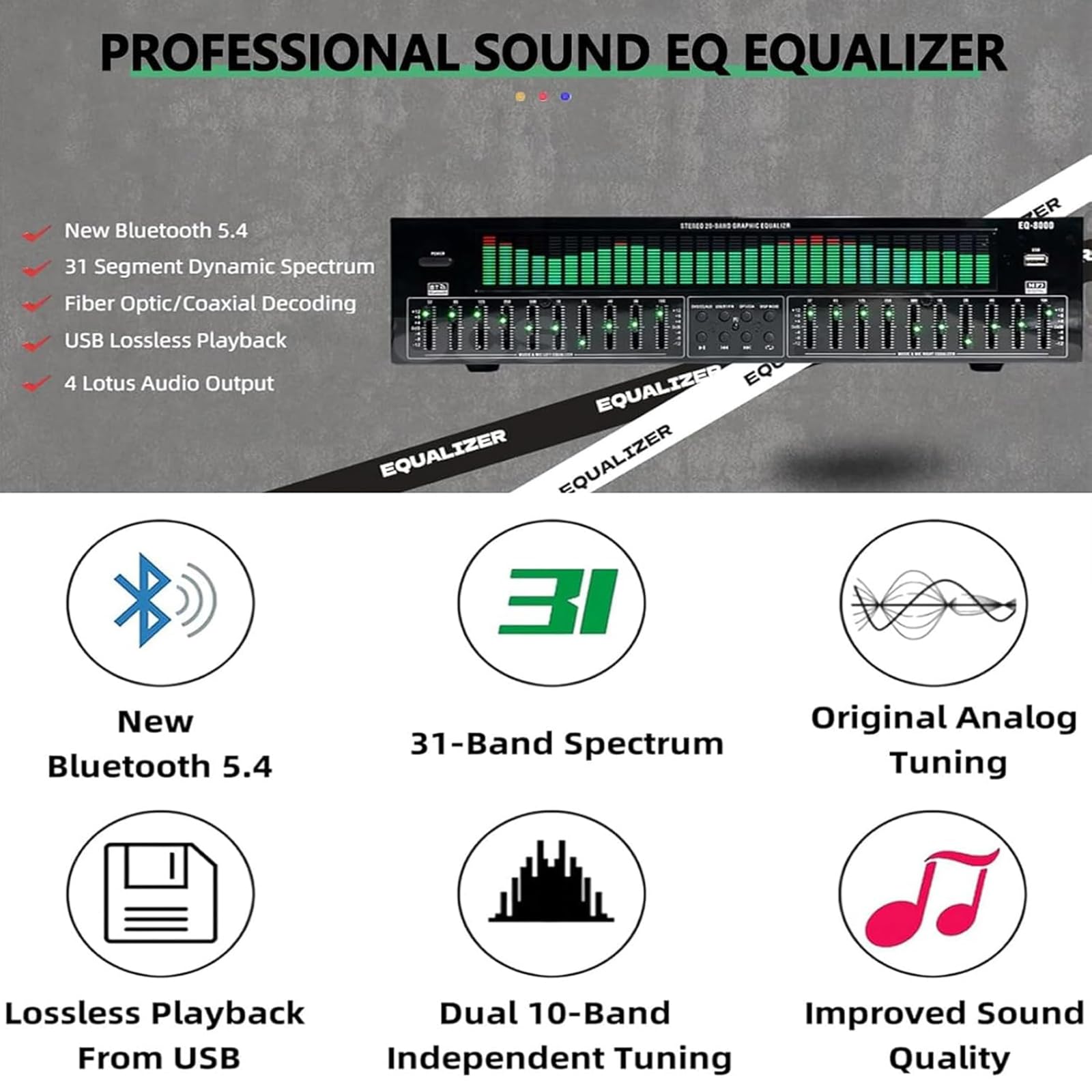 31-pasmowy korektor cyfrowy EQ, profesjonalny korektor korektora z pilotem i kablem audio, 10 zaprogramowanych wyjść efektów, silny zmysł do samochodu, na imprezę