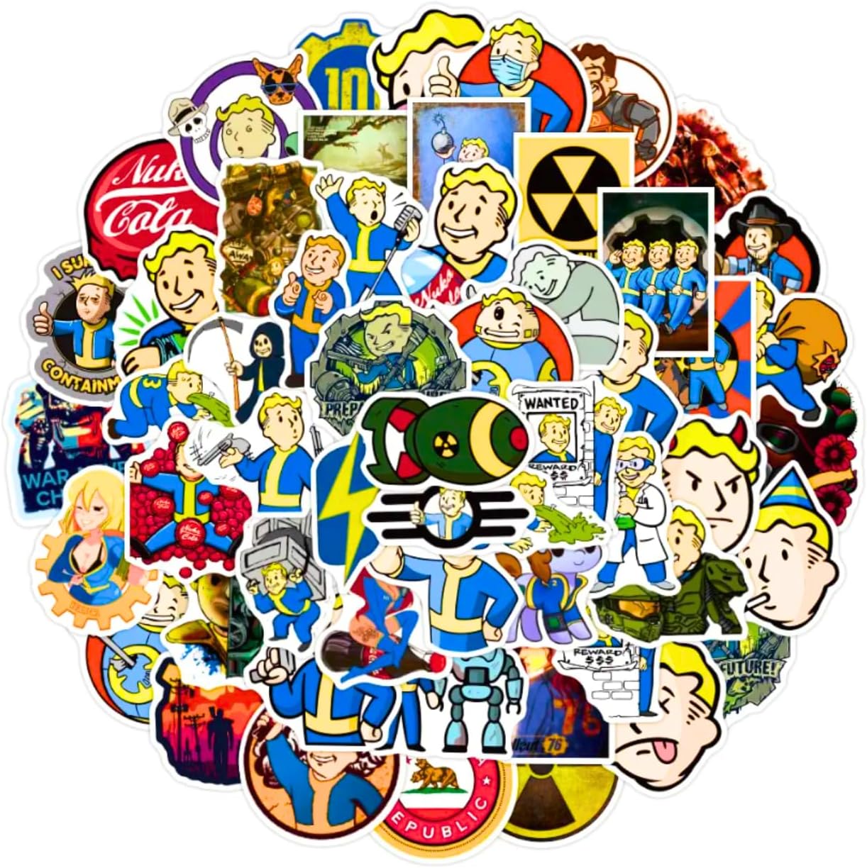 50 Pcs | Vault Boy | Nuka Cola | Vault - Tec | Sticker Collection |Laptop Table Computer Bottle Phone Fallout Graffiti Vinyl Decals Packs (50pcs Variation A)
