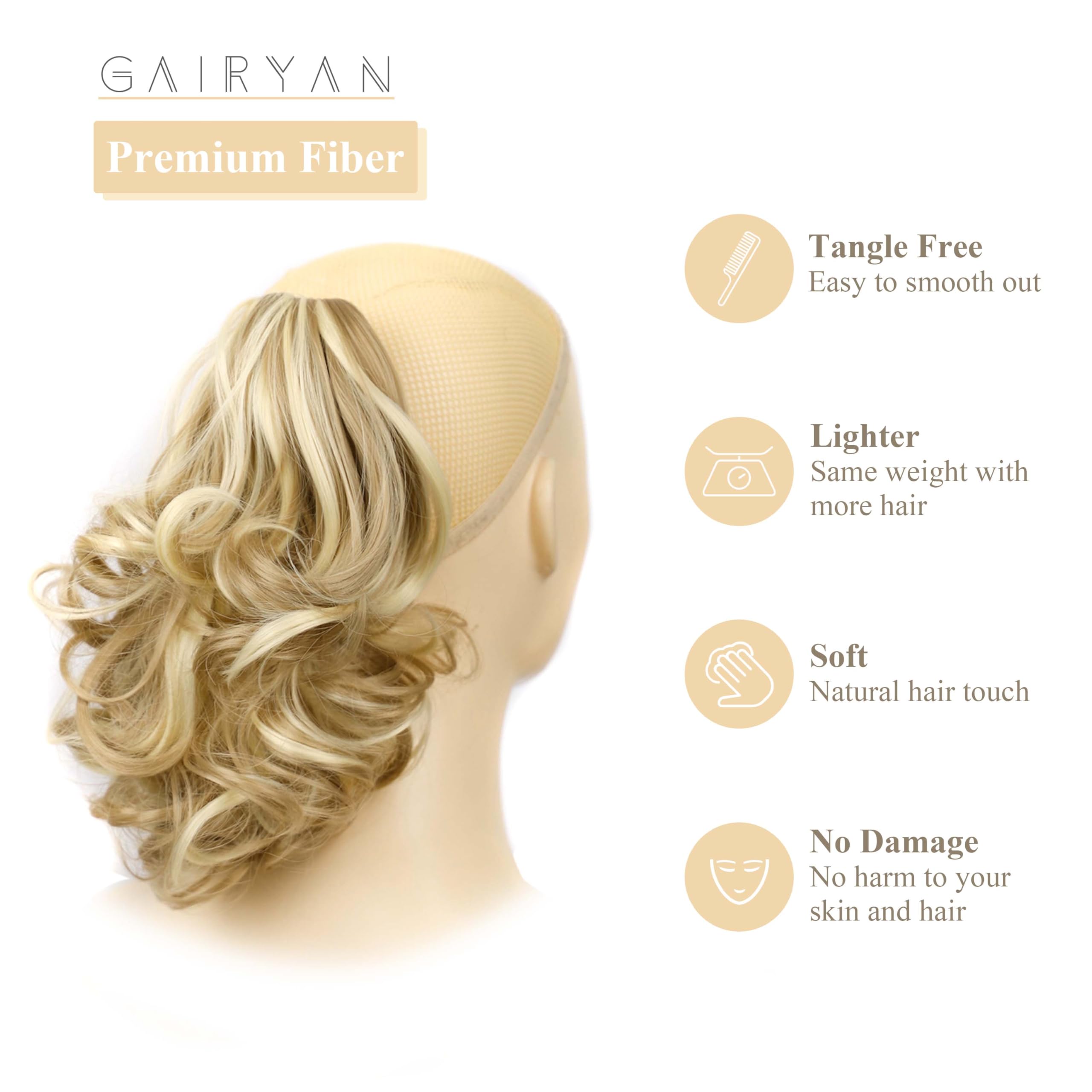 Gairyan 10" Clip in Ponytail Hair Extensions Curly Ponytail Extension Claw on Pony tails Wavy Synthetic Hairpieces for Women Real Natural Short Wave, Sandy Blonde/Bleach Blonde - Image 3