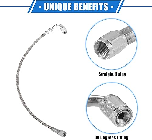 Miniatura 10 de AN3 - Línea de alimentación de aceite turbo de acero trenzado de 90 grados a extremo de manguera recta, turbocompresor remoto de 12 pulgadas, línea