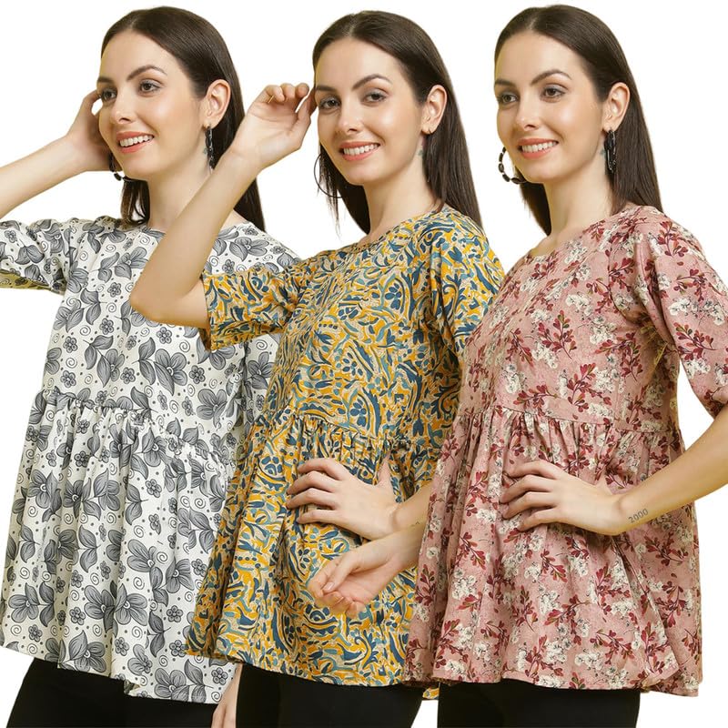 Image of Pinkimint Crape Combo Top for Women ll Stylish Casual Flared Fancy Sleeve Printed Regular Fit Top (Pack of 3)