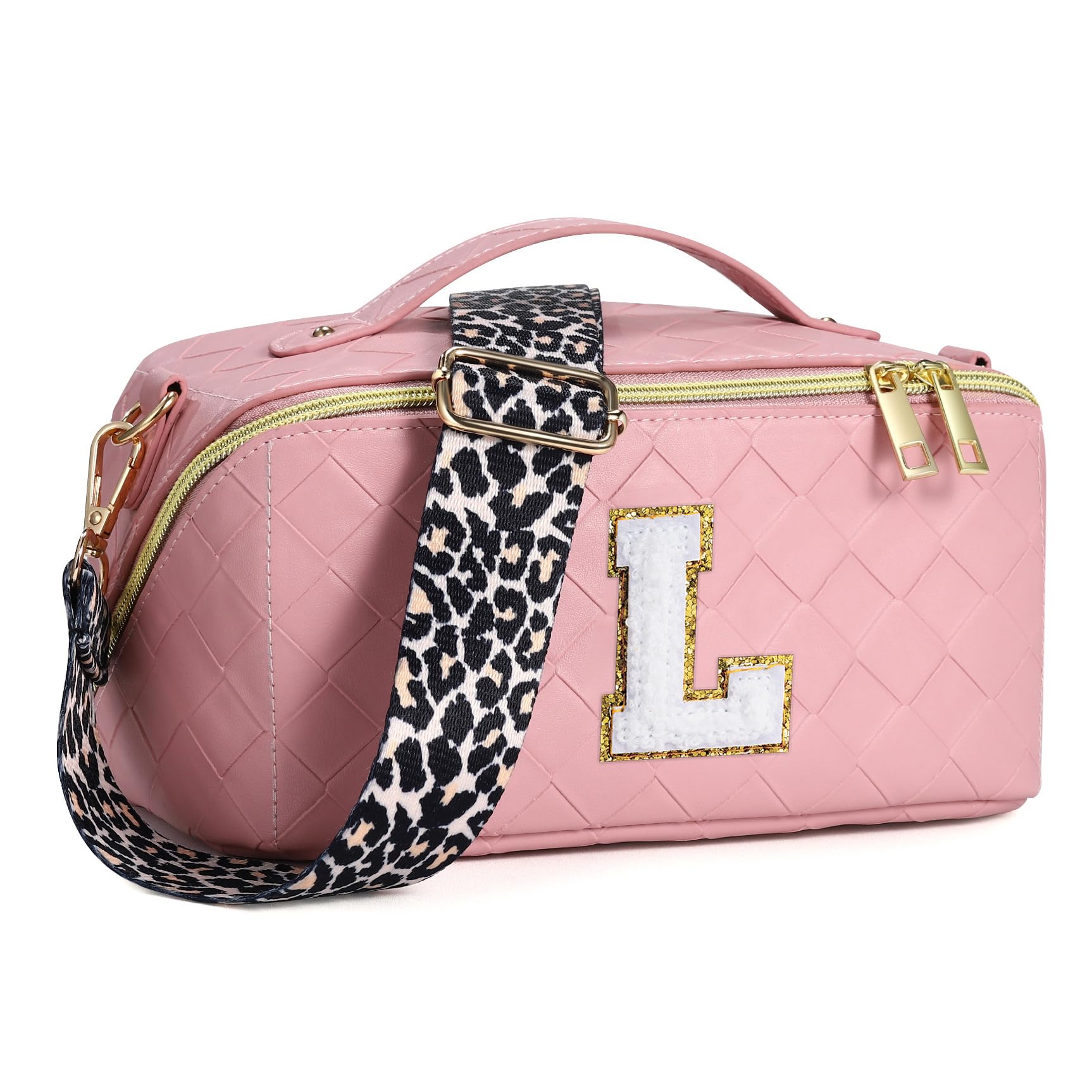 YOOLIFE Cosmetic Bags for Women - Large Pink Initial Makeup Pouch Travel Cosmetic Bag Strap Toiletry Bags Travel Essentials Personalized Birthday Gifts for Women Friends Female Teacher Gifts L