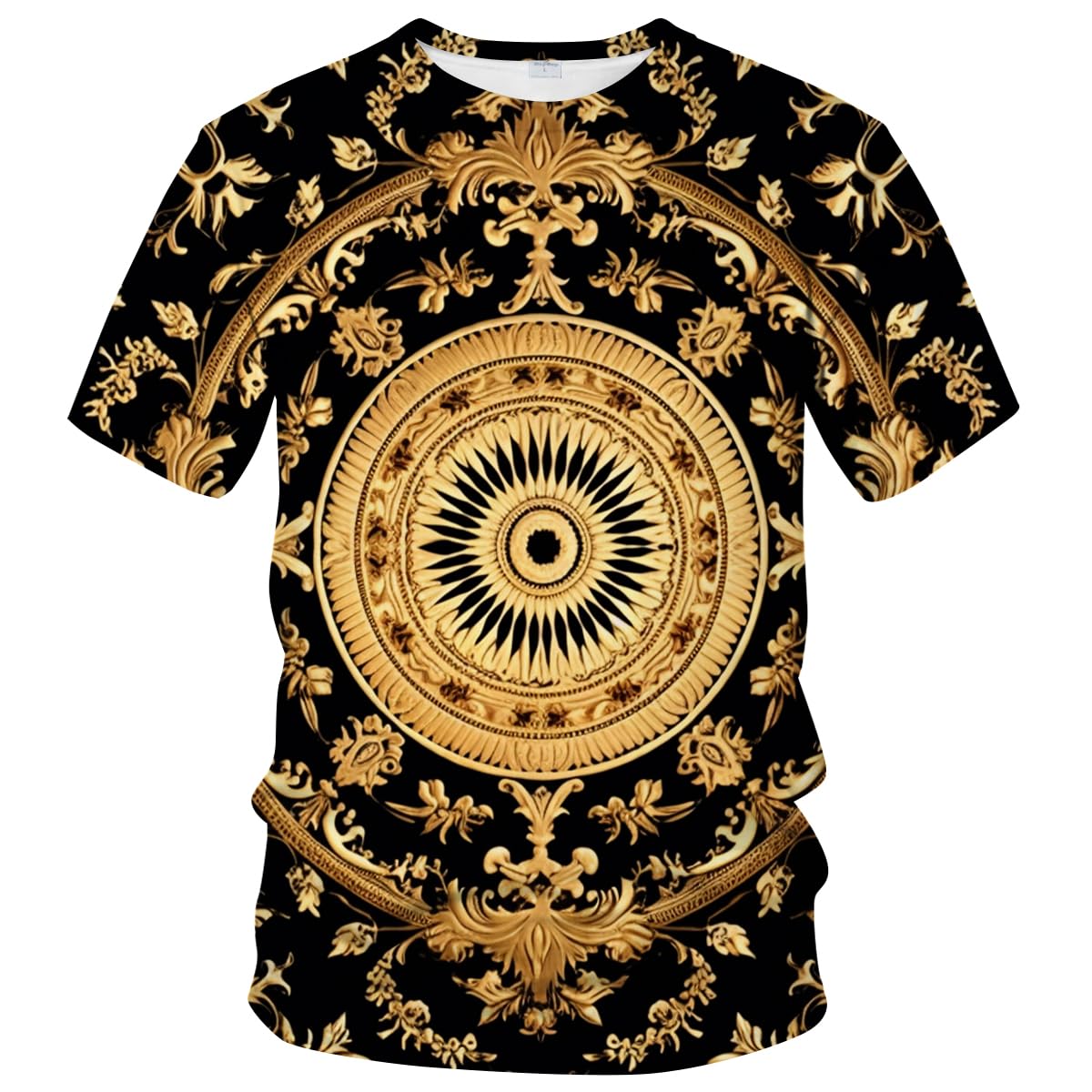 LAOLIUSN Men's Gold Shiny Printed T-Shirt - Golden Ornate Theme, Floral Graphic Tee Shirt