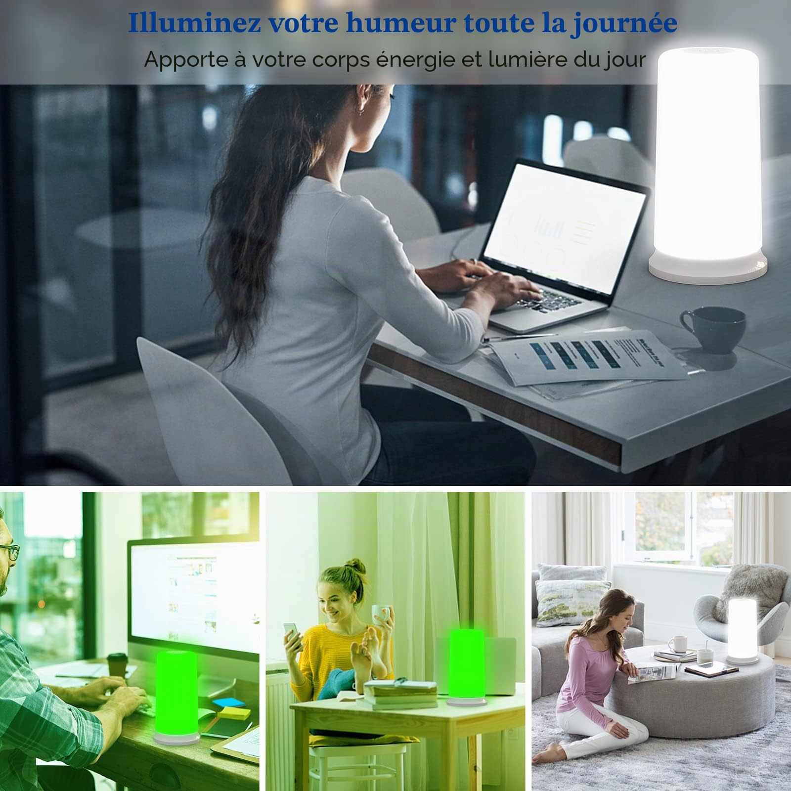 iKeener Lampe thérapie lumière verte et blanche,soulagement l'anxiété,migraines,maux tête,l'insomnie,sensibilité lumière,LED vertes bande étroite.Blanc chaud doux.Capteur tactile.Luminosité réglable