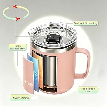 TYESO 14 oz Vacuum Insulated Mug Cup Stainless Steel Mug Coffee Mug with Lid Heat Insulation Cooling Direct Drip (Pink)