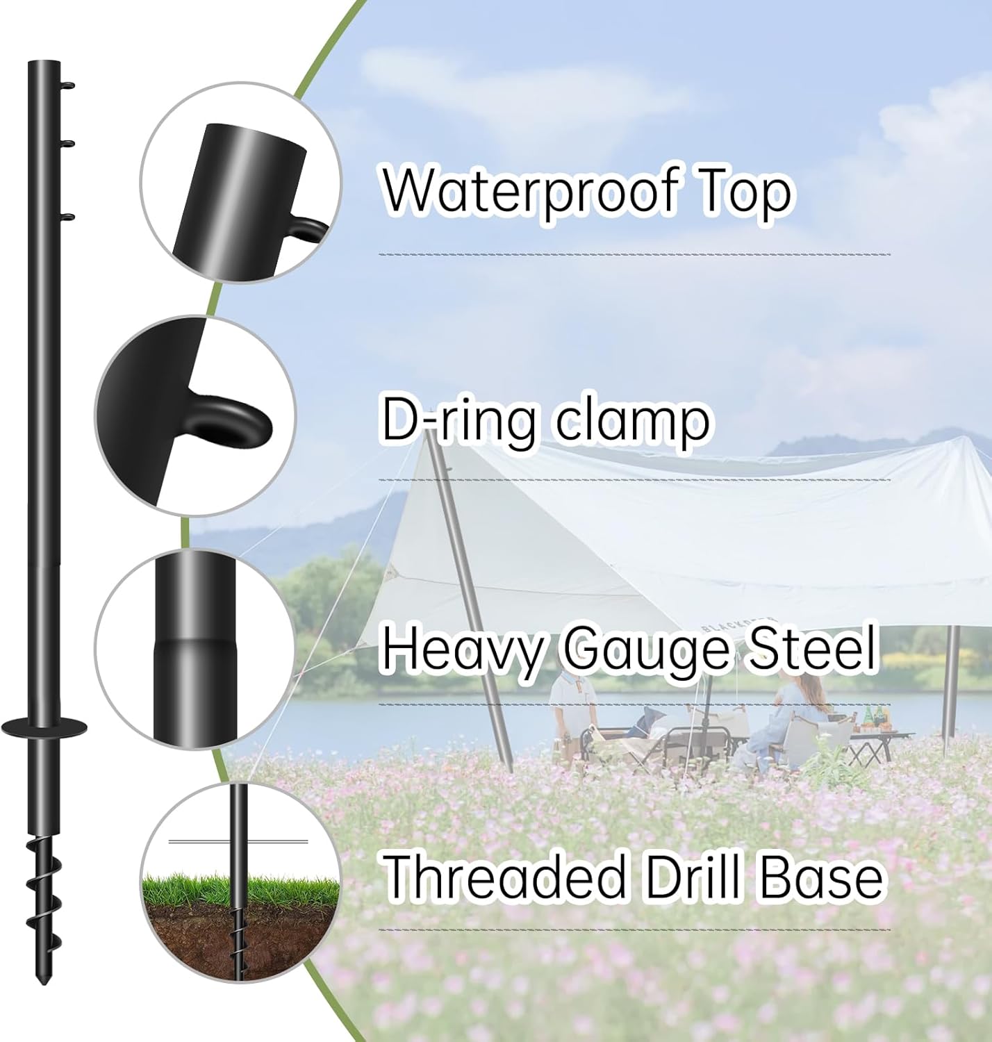 Shade Sail Poles,11.4FT Heavy Duty Outdoor Sun Shade Sail Pole with Spiral Drill Bit, Support Awning Canopy Outdoor Poles for Garden Yard Backyad ﻿ (1)