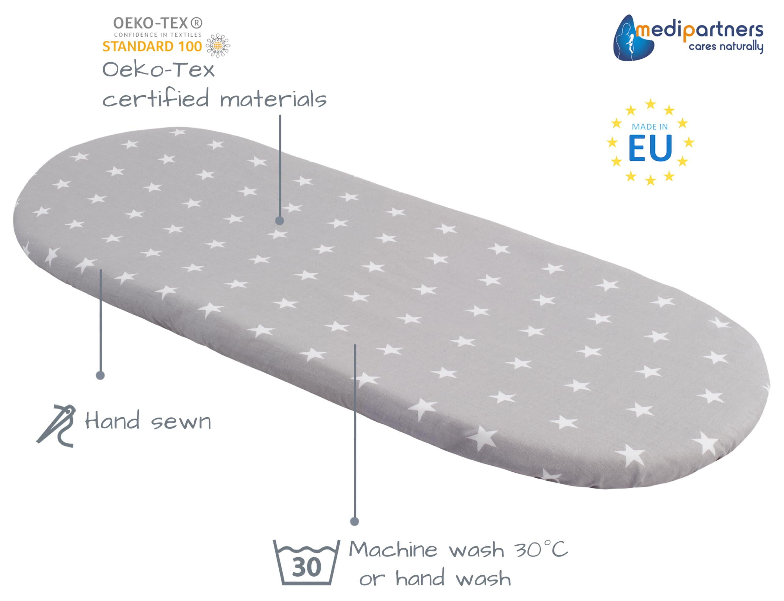 Medi Partners Set of 3 pcs. Fitted Sheet Pram 86 x 40 cm 100% Cotton Mattress Protector Baby, Stars-white-grey, Three pack - Image 3
