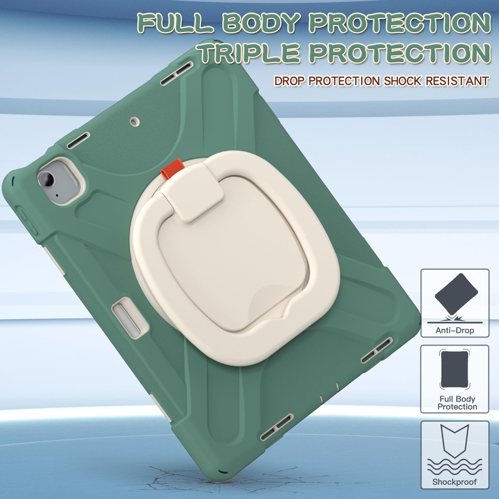 ChicShell Case For IPad Air 13 Inch Case M3 2025/ M2 2024, 360 Rotating Stand Translucent Back Cover Shockproof Protecive Adjustable Shoulder Strap Kids Friendly With Pencil Holder, Darkgreen