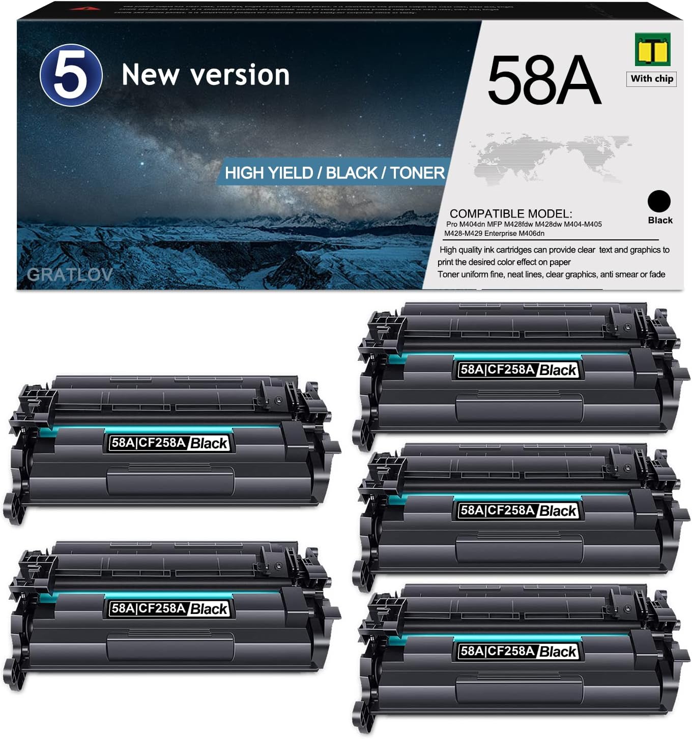 GRATLOV 5 Pack 58A CF258A with Chip Black Compatible Toner