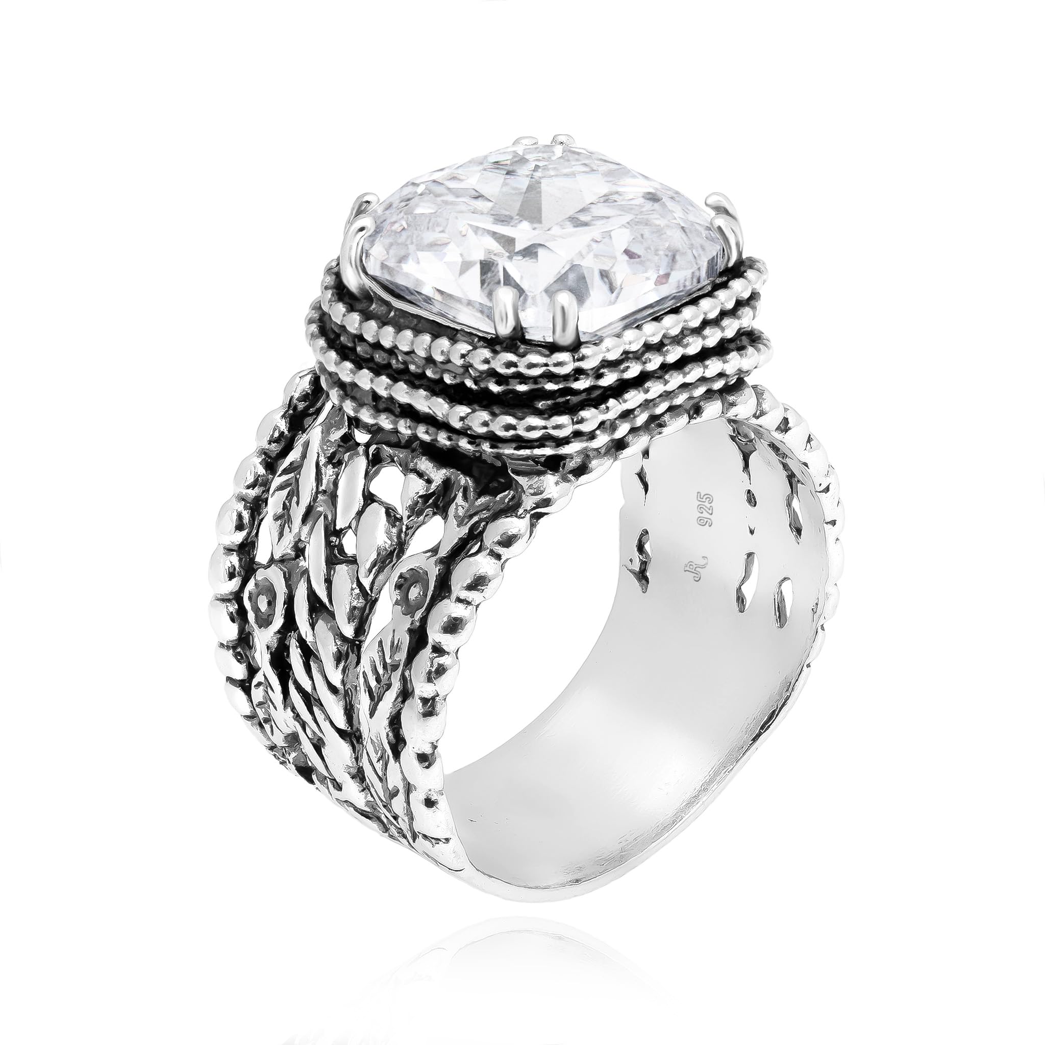 JEAN RACHEL JEWELRY 925 Sterling Silver & 14K Gold Plated Silver Ring - Granule Braid Leaf with Cubic Zirconia Vintage Design - Hypoallergenic, Lead &