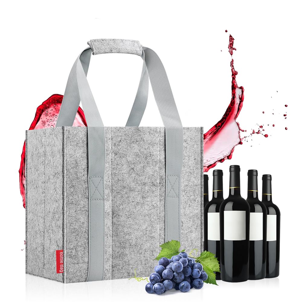 Eurhomewit Bottle Bag 6 Compartments, Wine Bottle Carrier Felt Wine Tote Bag Holder with Protable Handles - Image 3