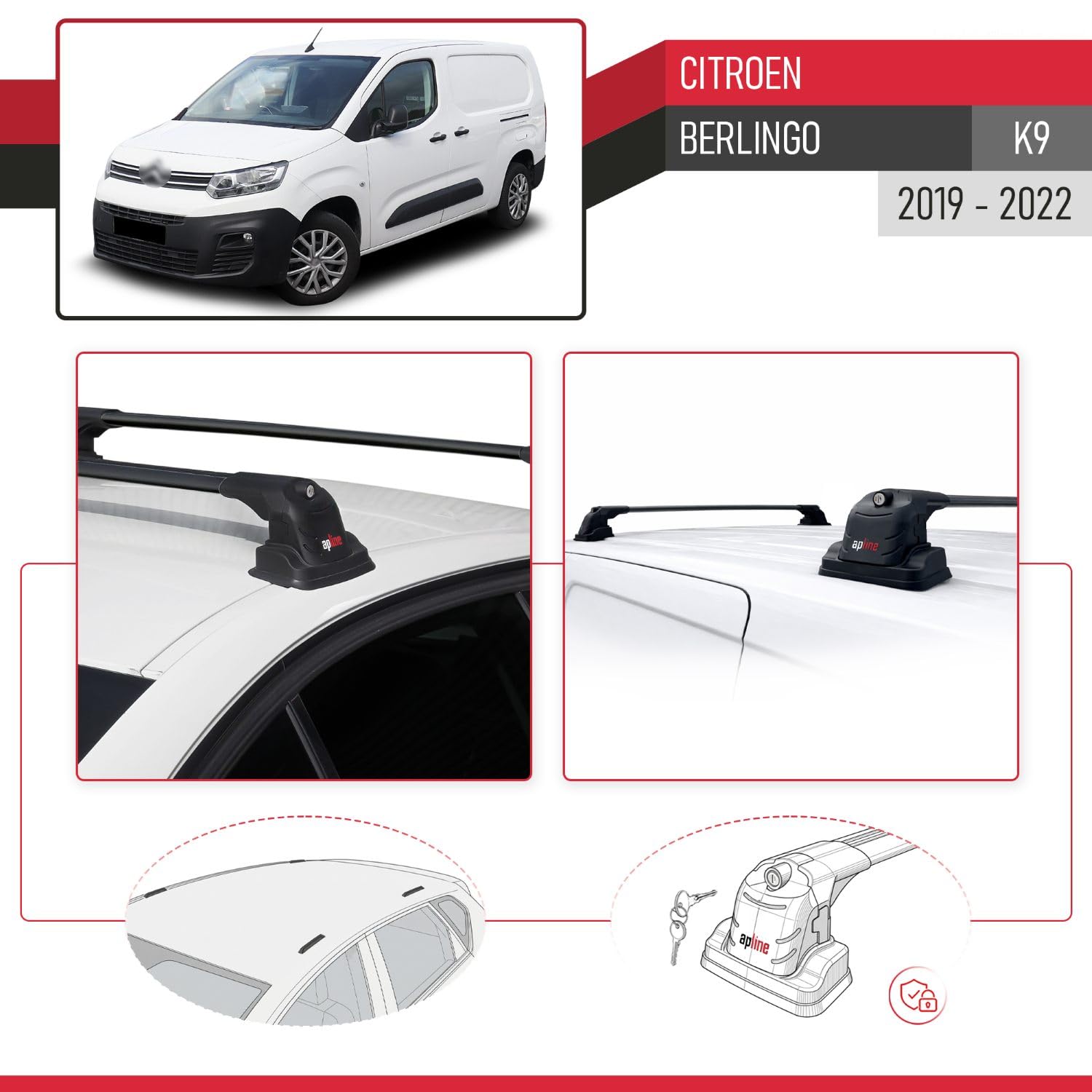 Kompatybilny z Citroen Berlingo 2019-2023 ACE-3 Model Aluminiowy bagażnik dachowy 2 poprzeczki, czarne