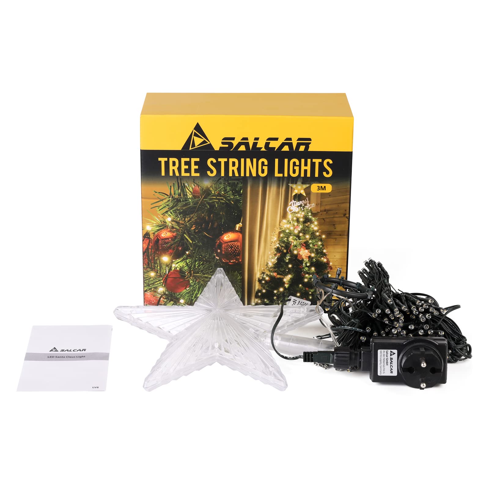 SALCAR 3m Christbaumbeleuchtung mit Ring, 10 Girlanden und Sternspitze, 360er LED Lichterkette Tannenbaum Christmas Tree Lights mit 8 Modi, Warmweiß