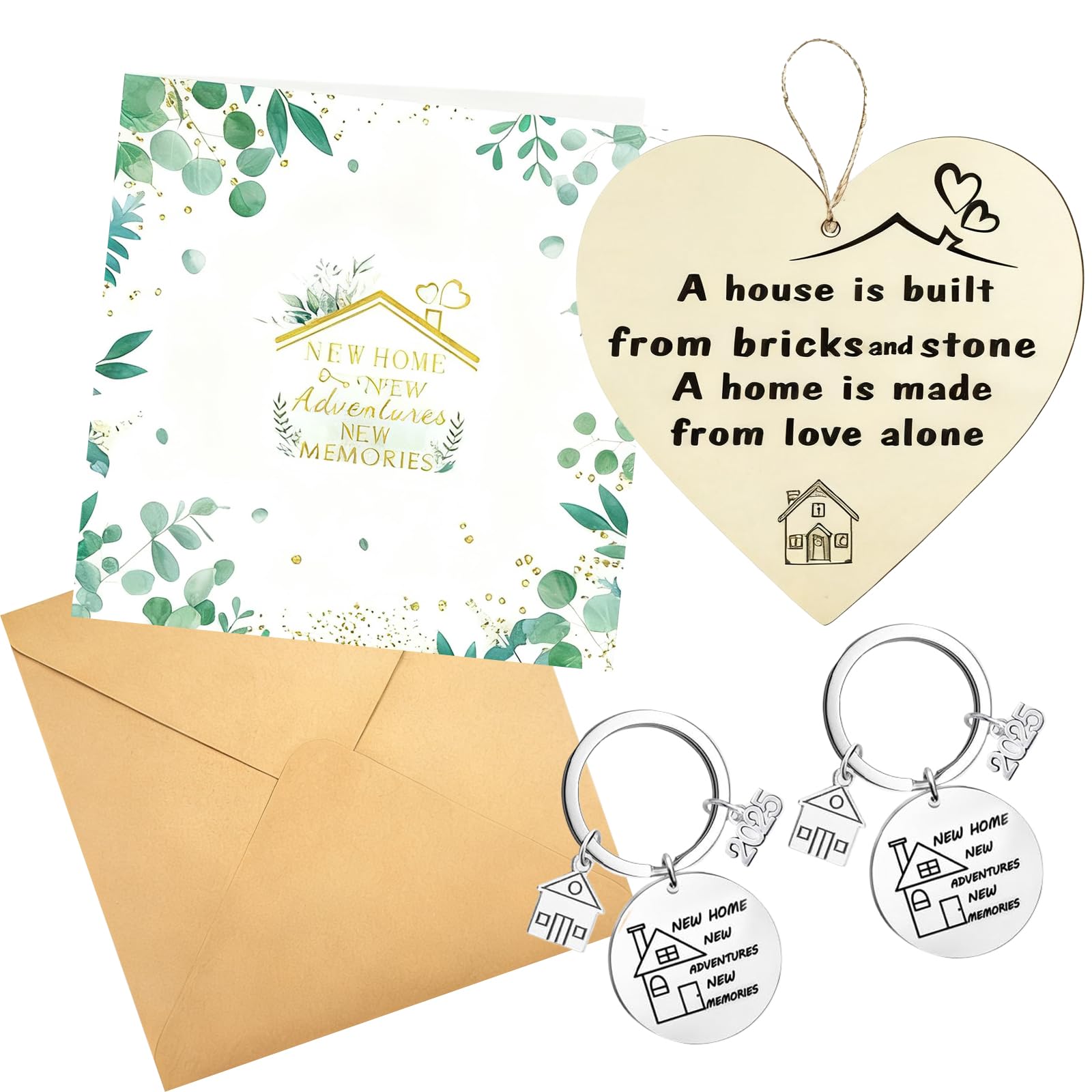 KTGUK House Warming Gifts with Envelope,Stylish for Commuting Stainless Steel New Home Keyring with Wooden Heart Plaque for Friends Couples, Neighbor,New Home Card Set for Moving House Message