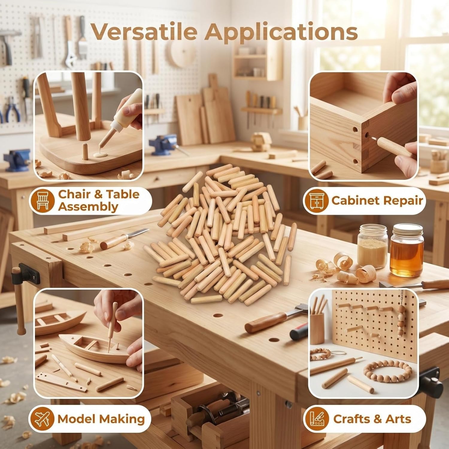 100Pcs 1/4" x 1-3/16" Wood Dowels, Fluted Hardwood Pins