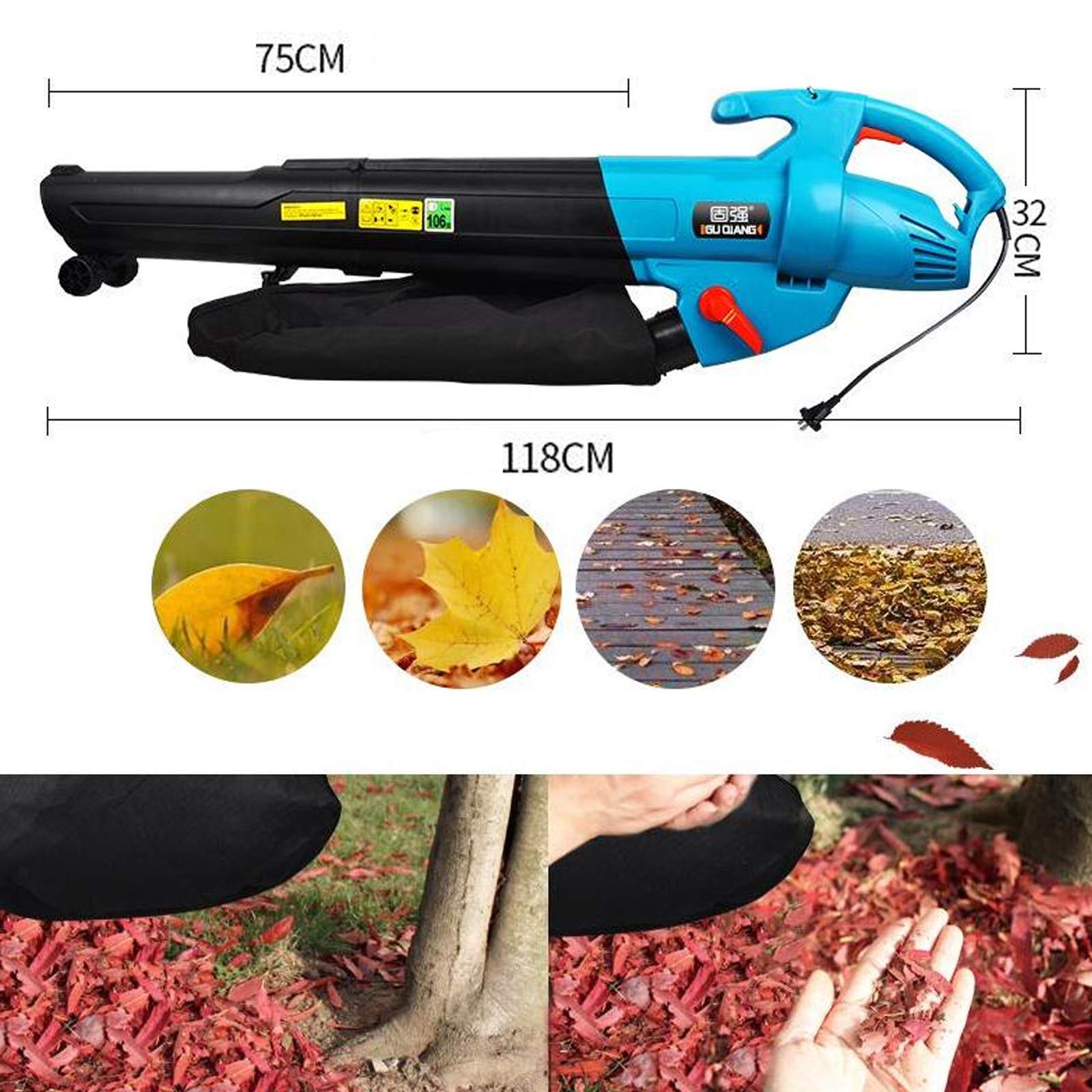 Aspiradora y trituradora de jardín, soplador de Hojas con Bolsa recolectora de 45L, Adecuada para jardín/Garaje/Barrido de Nieve/terraza