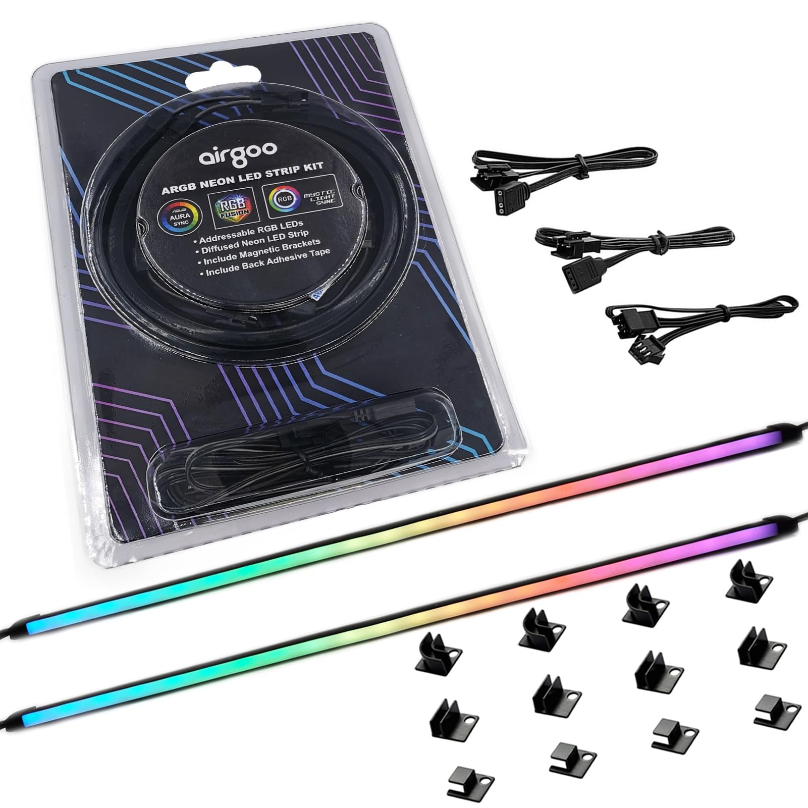 Airgoo NEON Addressable RGB PC LED Strip, 15.75 x 0.55 x 0.28 inches diffused Silicon Rubber Tube, for 5V 3-pin argb Header, Come with Magnetic Brackets, Upgraded Blister Packaging