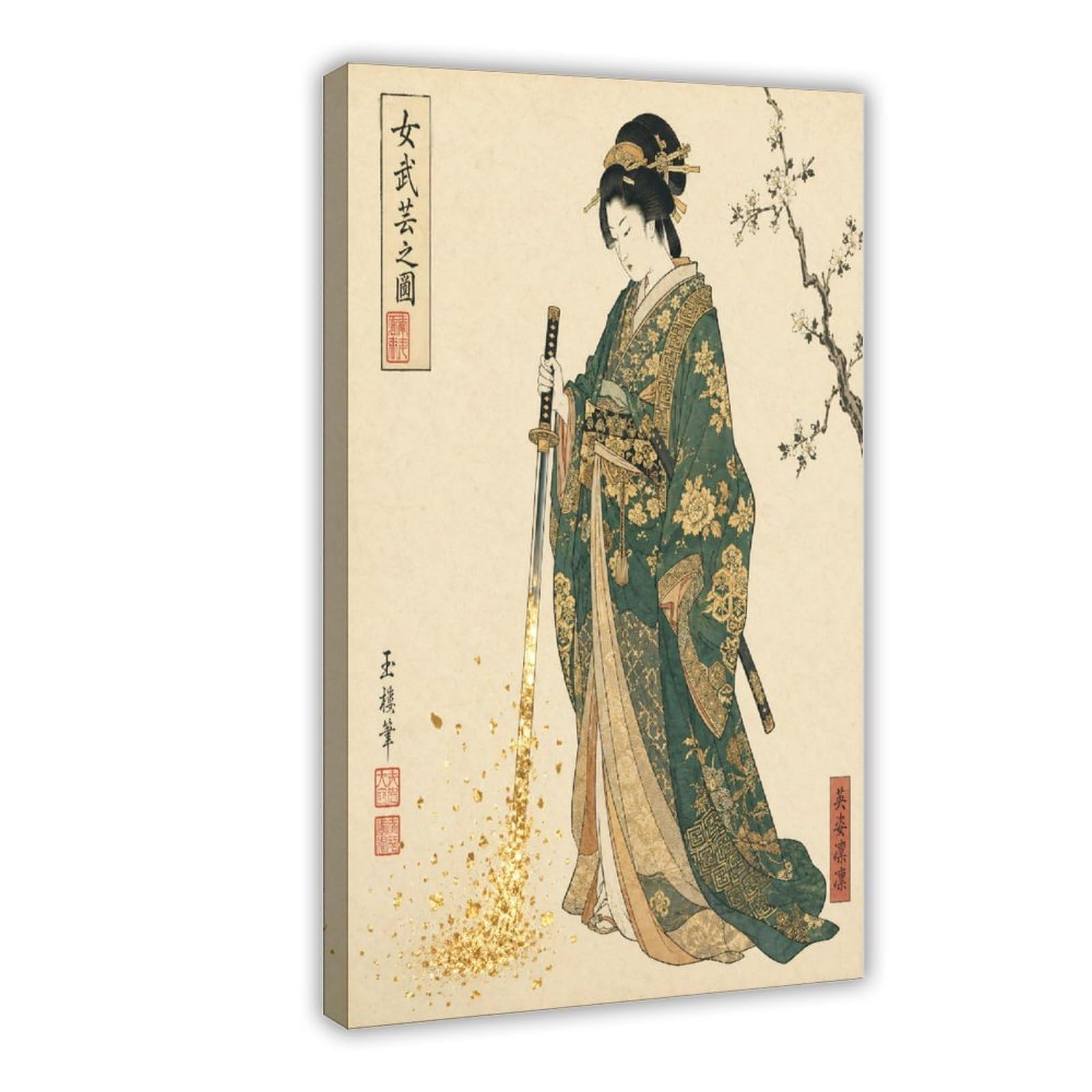 W7c8u2x3 Frame-Style-12 Japanese Woman With Sword Canvas Wall Art, Green Kimono Dorm Decor