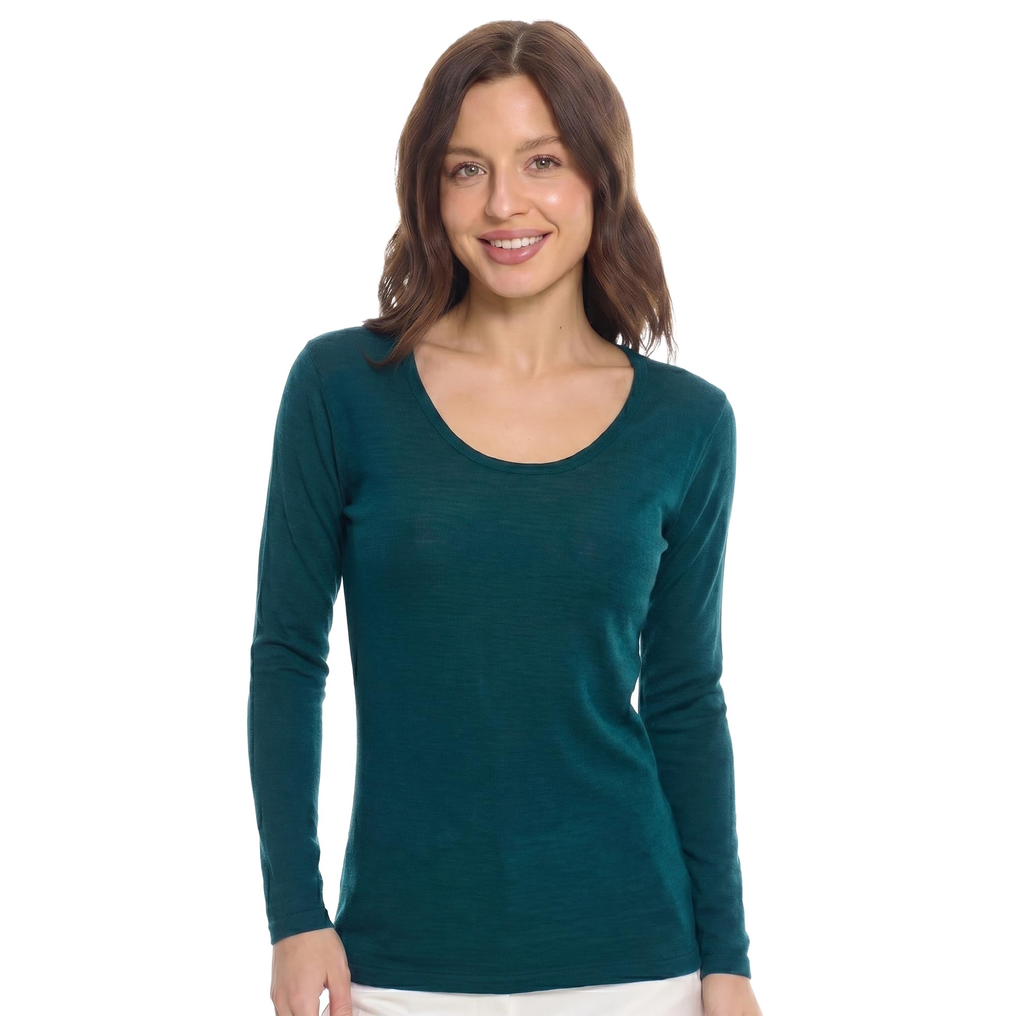 Merino.tech Сamisetas Mujer Manga Larga - 100% Lana Merino Ropa Termica (Large, 190 Deep Teal Scoop)