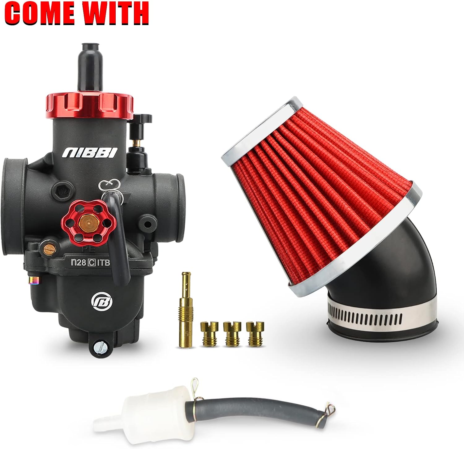 NIBBI PE28 Carburetor with 48mm Air Filters Kit,Upgrade Dirt Bike Performance,Compatible with 200cc-250cc for Apollo, Honda, SSR,Hawk 250 Pit Bike Motorcycles