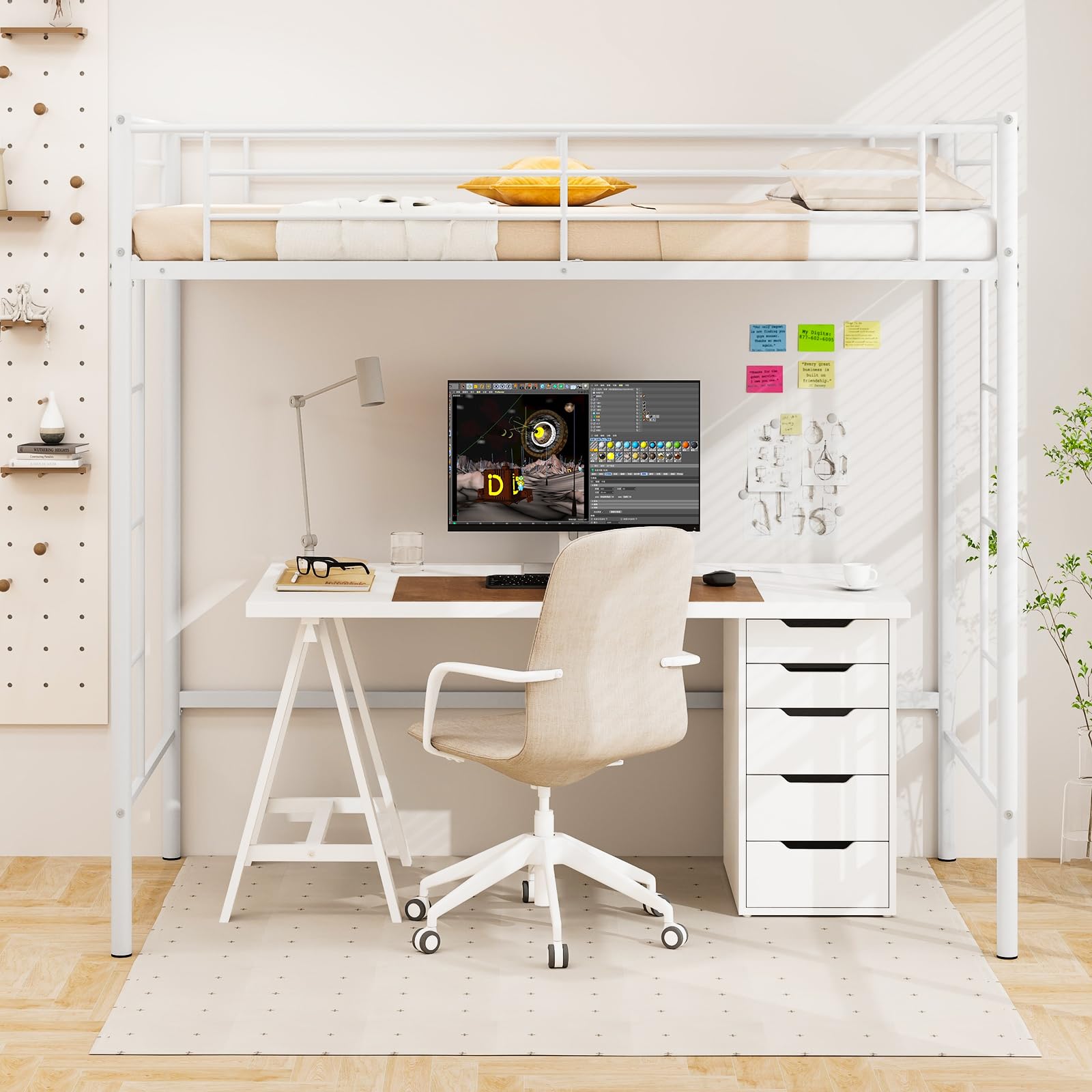 Multigot Loft Bunk Bed, 2 Ladders Metal High Sleeper with Safety Guardrail, Home Dormitory Apartment Single Bed Frame for Kids Teens Adults (White)-image-5