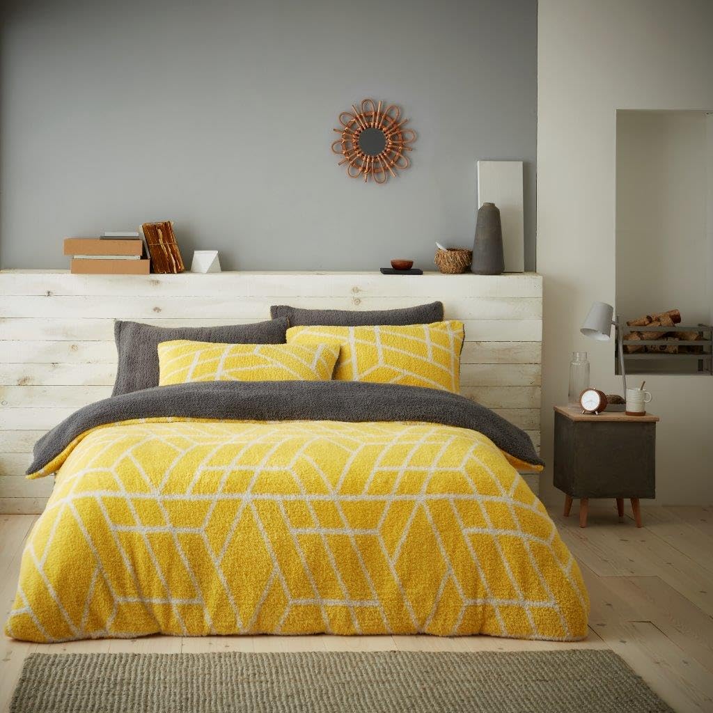 LIZZIE JACOBS Ely Geo Pattern Teddy Sherpa Fleece Super Soft Warm Cosy Duvet Cover Sets Quilt Covers Bedding Sets (double, ), Ochre