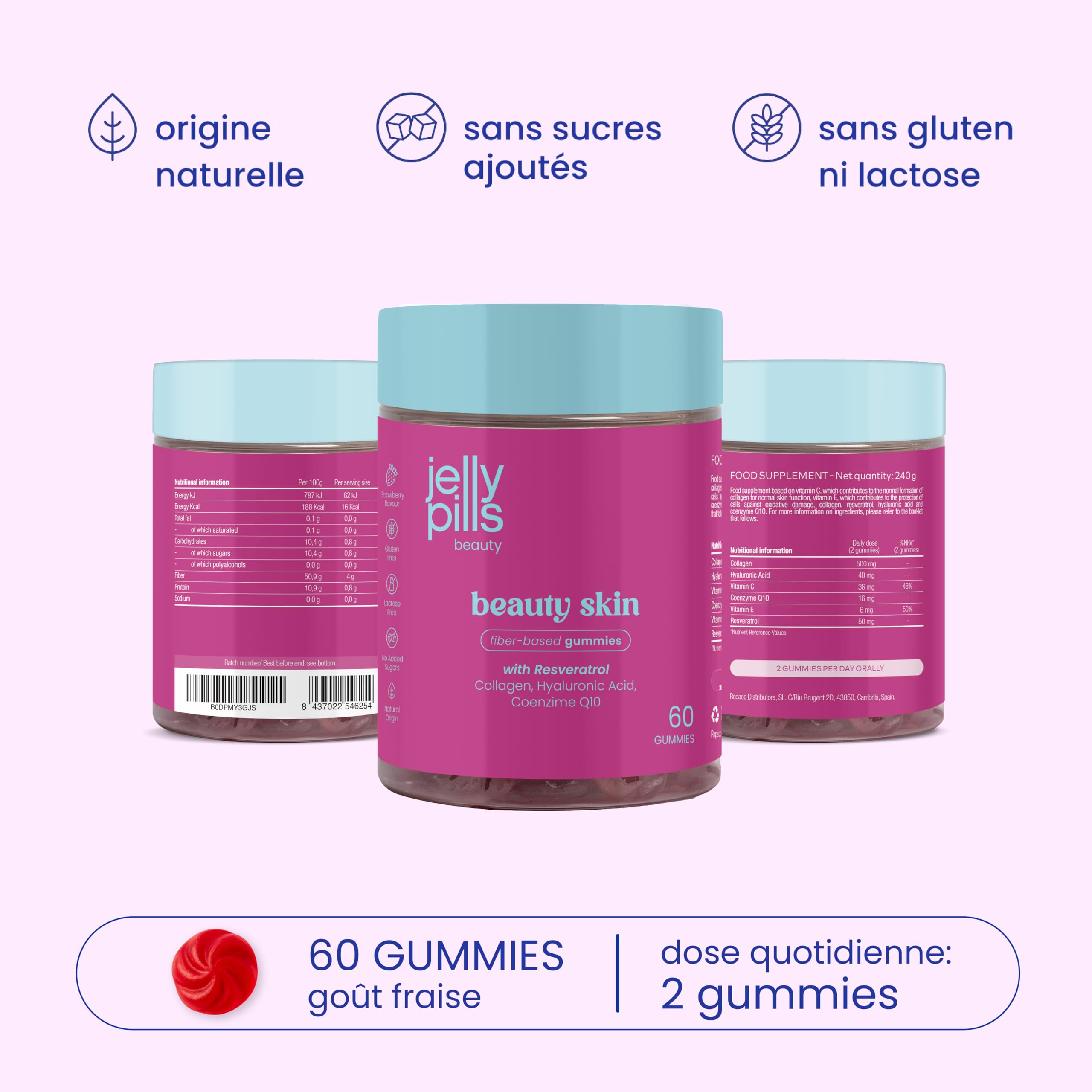 Jelly Pills Gummies beauté avec 500 mg de collagène, 50 mg de resvératrol, acide hyaluronique, coenzyme Q10, vitamines C & E - 60 gummies - sans sucres ajoutés - goût fraise