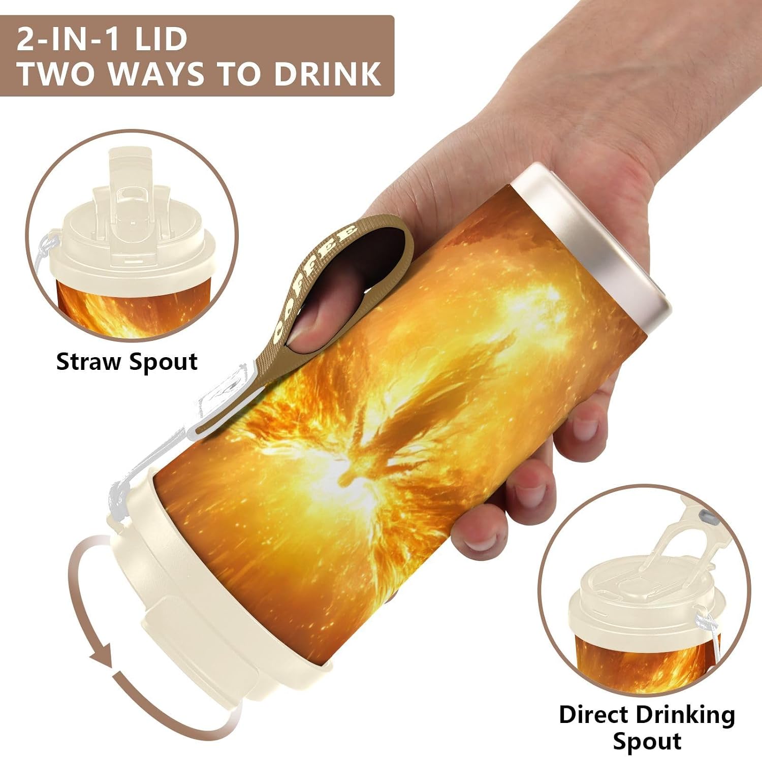 Archangel Wings Gold Insulated Coffee Mug with Straw & Flip Lid, 16.9oz Iced Tumbler Cup, Double Wall Vacuum Leak-Proof Mug for Travel Office