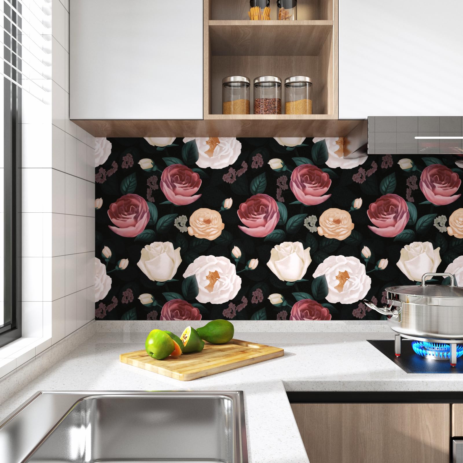 VOLEAAR Dark Black Rose Floral Wallpaper Peel and Stick Vintage Contact Paper Retro Boho Vinyl Removable Waterproof for Drawer Walls Cabinet Bedroom Shlef Liner 44.5CM x 1000CM - Image 4