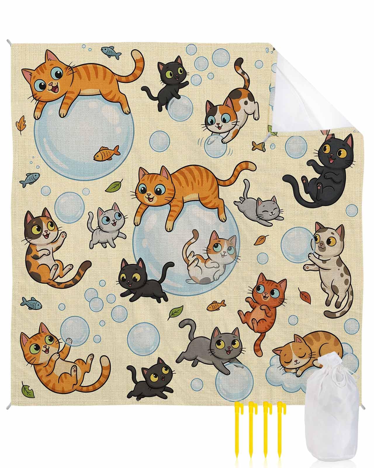 Beach Blanket Waterproof Sandproof Oversized, Watercolor Pets Fish Bubbles Beach Mat with Corner Stakes Sand Pockets, Brown Background Outdoor Picnic Mat for Travel Camping Hiking, 108x84In