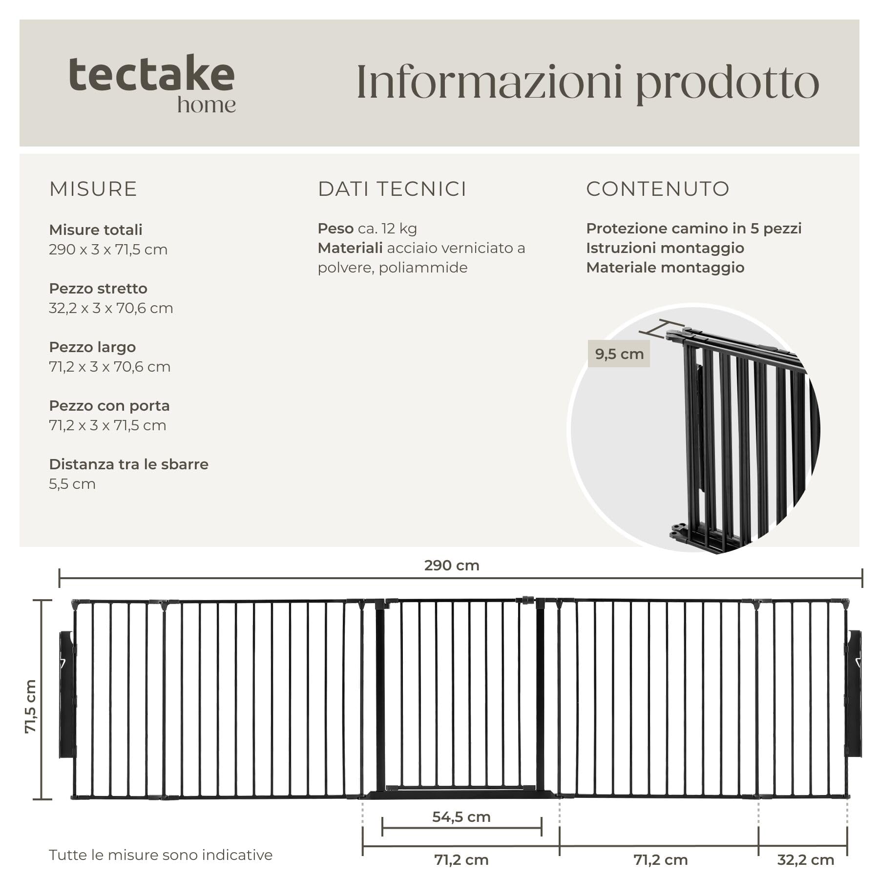 tectake®, Barriera Protettiva per Camino per Bambini, 290 cm, Sistema di Chiusura a Livelli, Costruzione Robusta in Acciaio, Modulare e Flessibile, Cancelletto per Scale e Corridoi