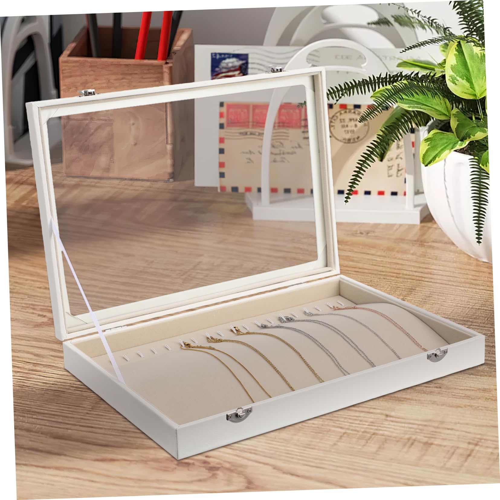BESTYASH Caja Organizadora de Collares Tapa Transparente para Almacenamiento Seguro de Madera y Cerradura, Gran Capacidad en Tocador o Closet