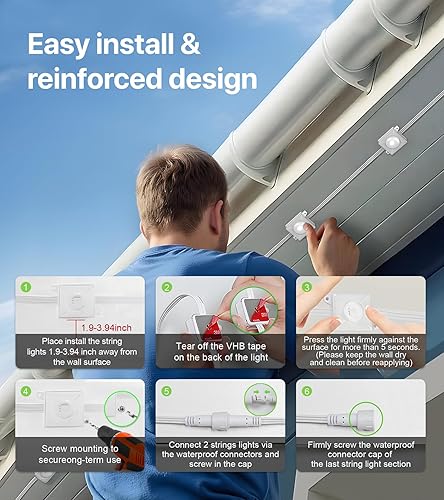 Miniatura 8 de Luces permanentes para exteriores, luces LED RGB+IC de 200 pies con aplicación inteligente y control remoto, 72 modos de escena, impermeable IP65