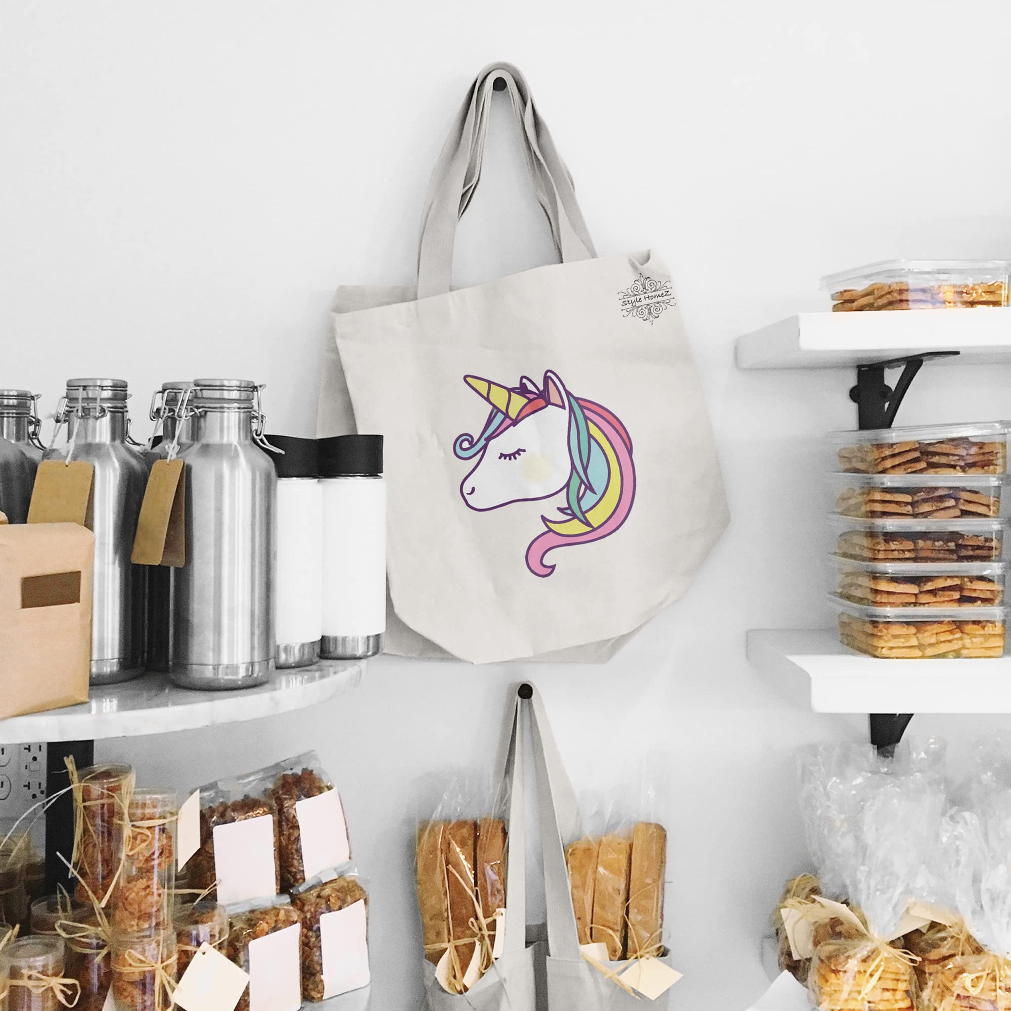 ALFANSO Classic Eco-Friendly & Reusable Cotton Canvas Grocery Tote Bag, Medium Size 16 x 14 Inch Natural Color (UNICORN) 2