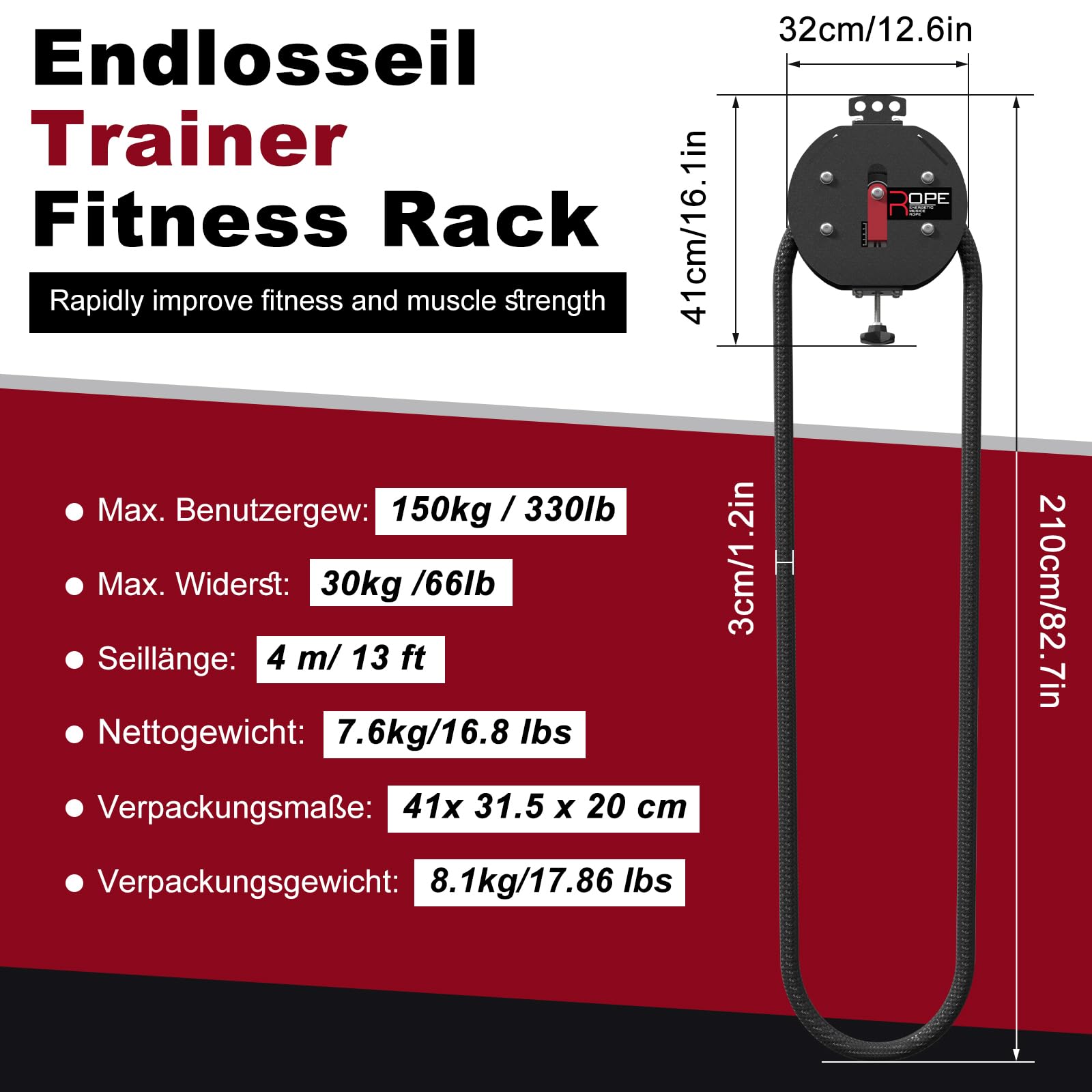 Appareil Entraînement Corde sans Fin, Noir-Rouge, 4m/13.12ft | Câble en Nylon à Boucle Fermée, Système Résistance Réglable 30kg, Pour Musculation, Pour Boxing