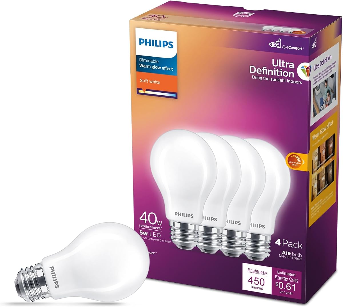 PHILIPS LED 40W A19 Paquete de 4 bombillas de luz blanca suave de ultra definición (2200K-2700) 450 lúmenes (5W = 40W) Regulables esmeriladas sin parpadeo